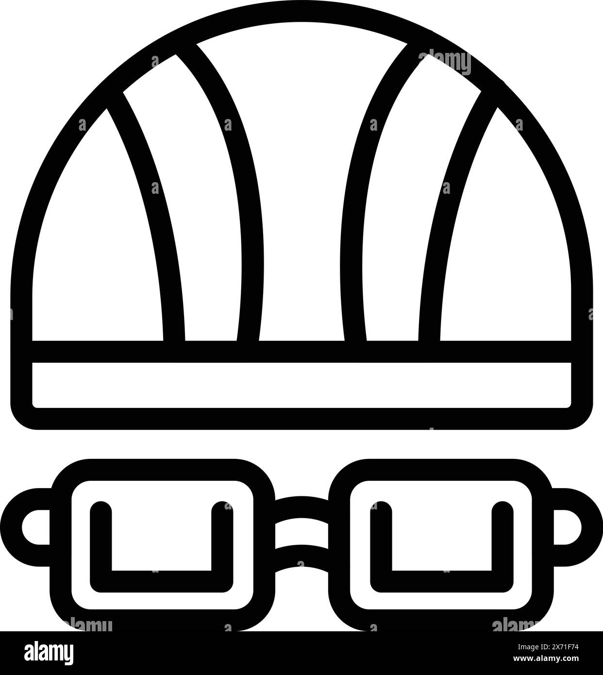 Black and white line art icon of a protective safety helmet and goggles
