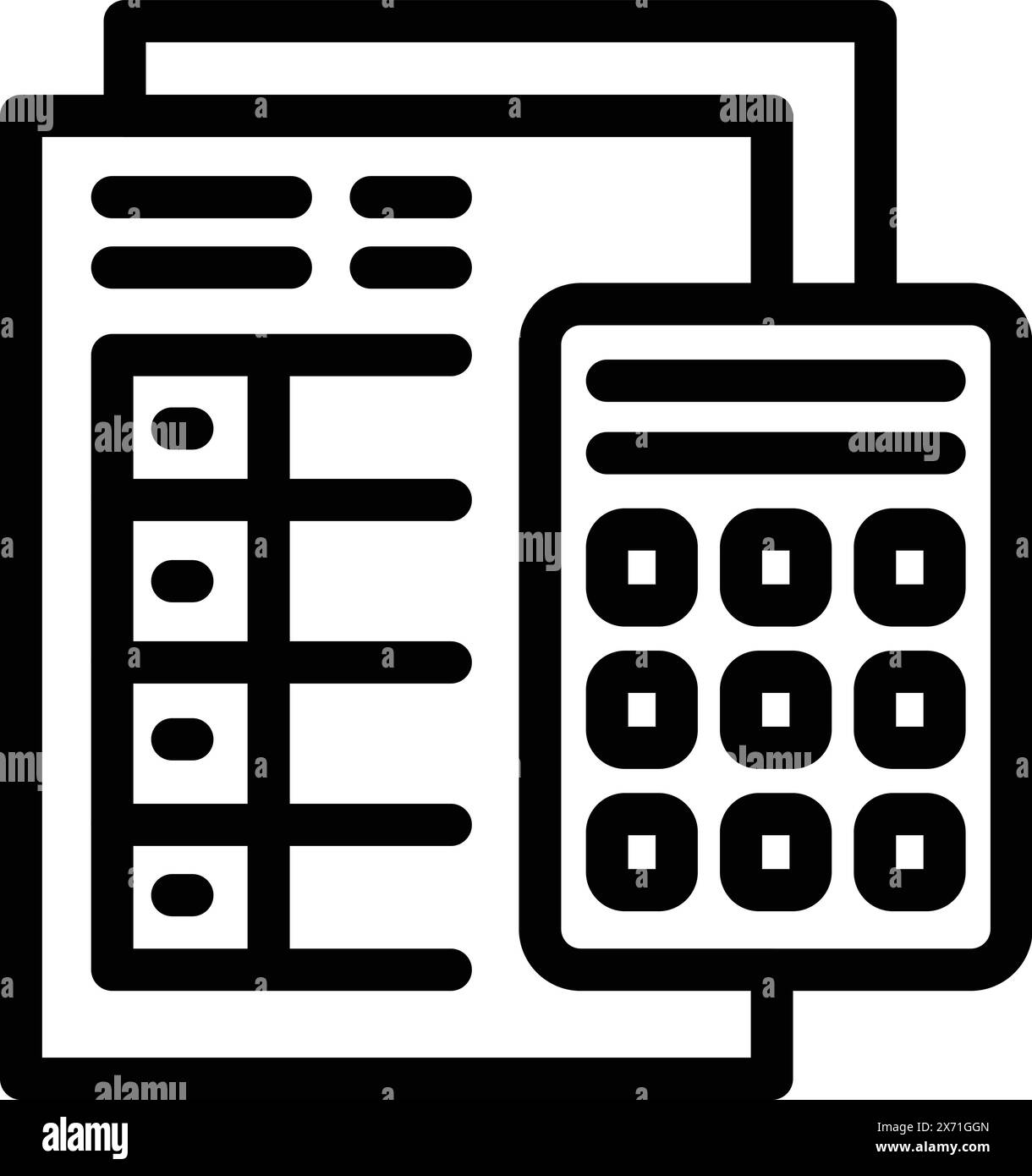 Black outline icon of a document and calculator, symbolizing accounting and financial tasks Stock Vector