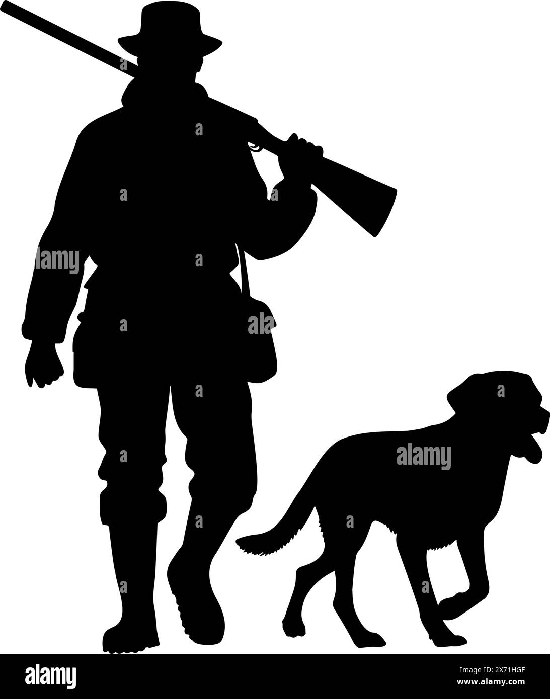 Silhouette of a Hunter walking with his dog. vector illustration Stock Vector