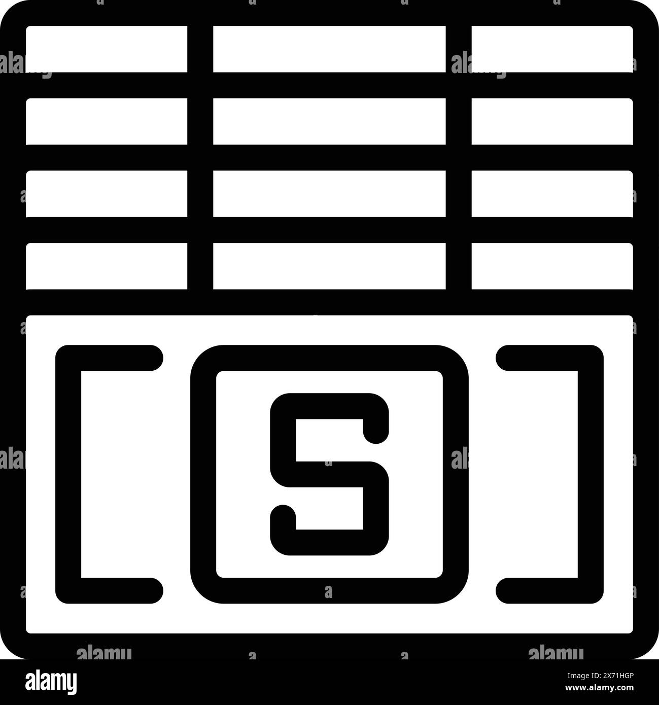 Simplified vector illustration of a calendar icon, depicted in black and white with a bold letter s on it Stock Vector