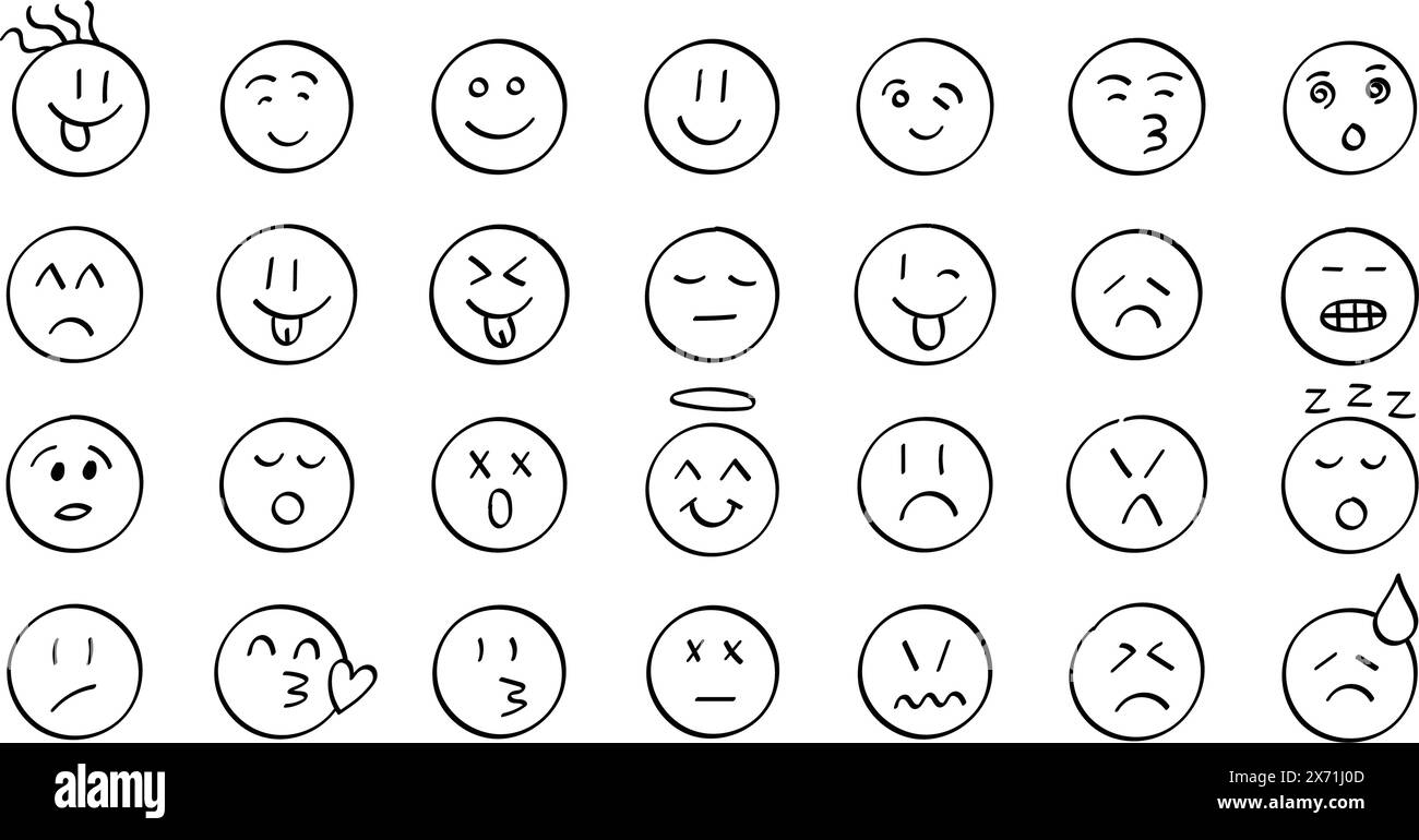 Emojis faces icon in hand drawn style. Doddle emoticons vector illustration on isolated background. Happy and sad face sign business concept. Stock Vector