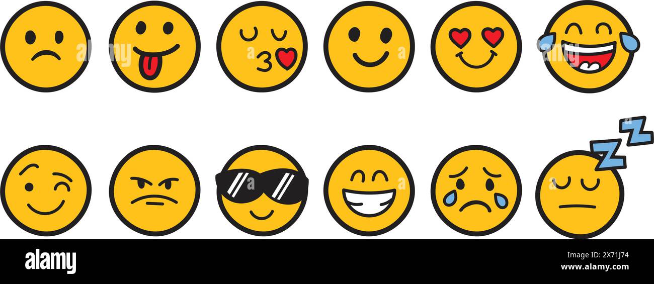 Emojis faces icon in hand drawn style. Doddle emoticons vector illustration on isolated background. Happy and sad face sign business concept. Stock Vector