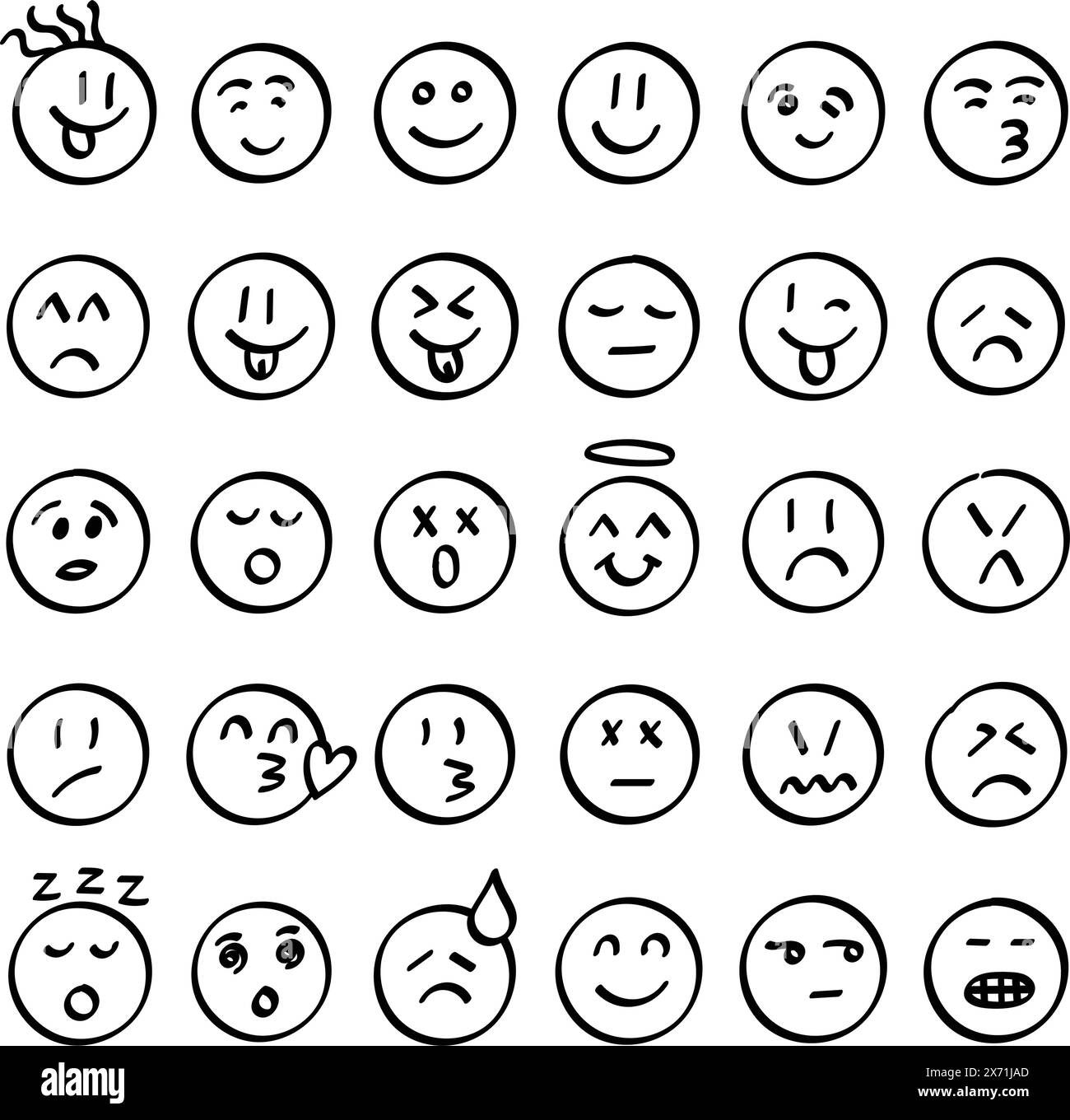 Emojis faces icon in hand drawn style. Doddle emoticons vector illustration on isolated background. Happy and sad face sign business concept. Stock Vector