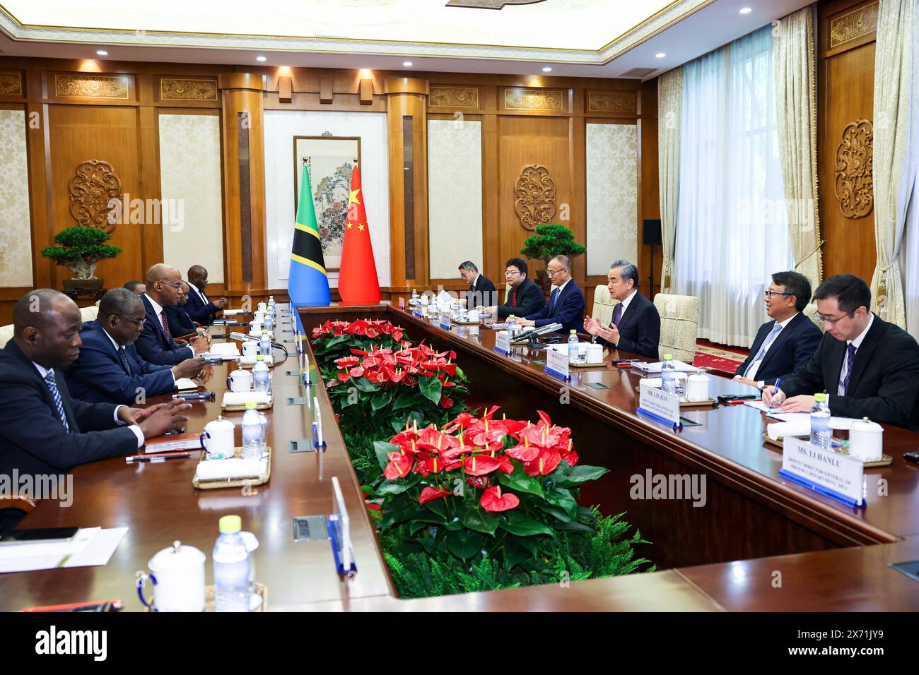 Beijing, China. 17th May, 2024. Chinese Foreign Minister Wang Yi, also a member of the Political Bureau of the Communist Party of China Central Committee, holds talks with January Yusuf Makamba, Tanzania's Minister for Foreign Affairs and East African Cooperation, in Beijing, capital of China, May 17, 2024. Credit: Liu Bin/Xinhua/Alamy Live News Stock Photo