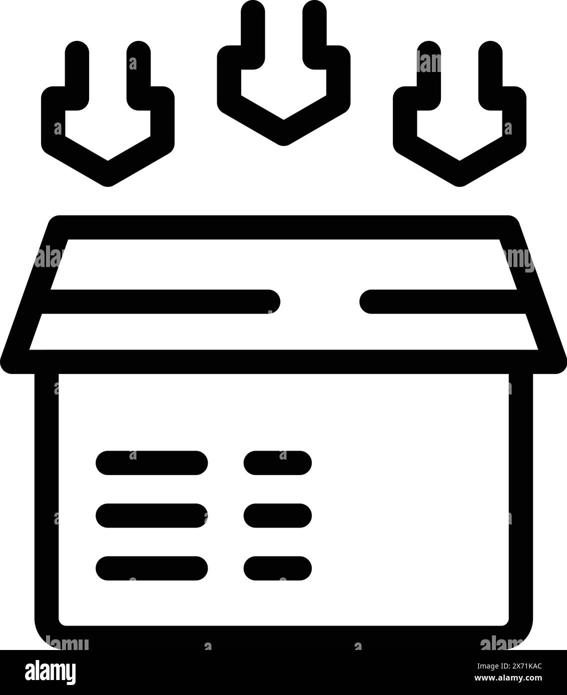 Black outline vector icon of a package with downward arrows indicating ...