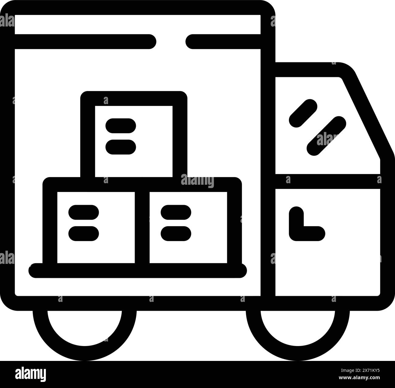 Black and white line icon of a delivery truck with packages, isolated ...