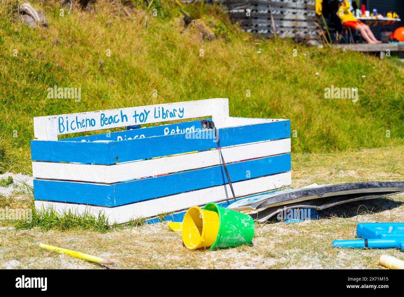 Toy Library on foreshore at Waubs Bay, Bicheno Beach East Coast Tasmania Stock Photo