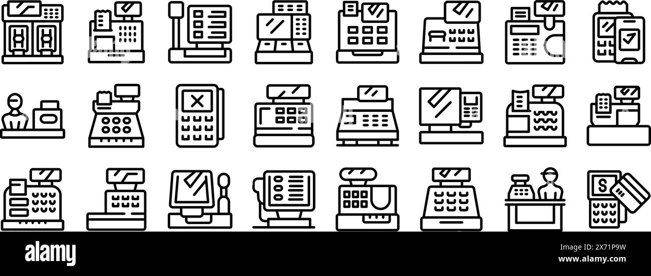 Cashier machine vector icon. A series of black and white icons of ...
