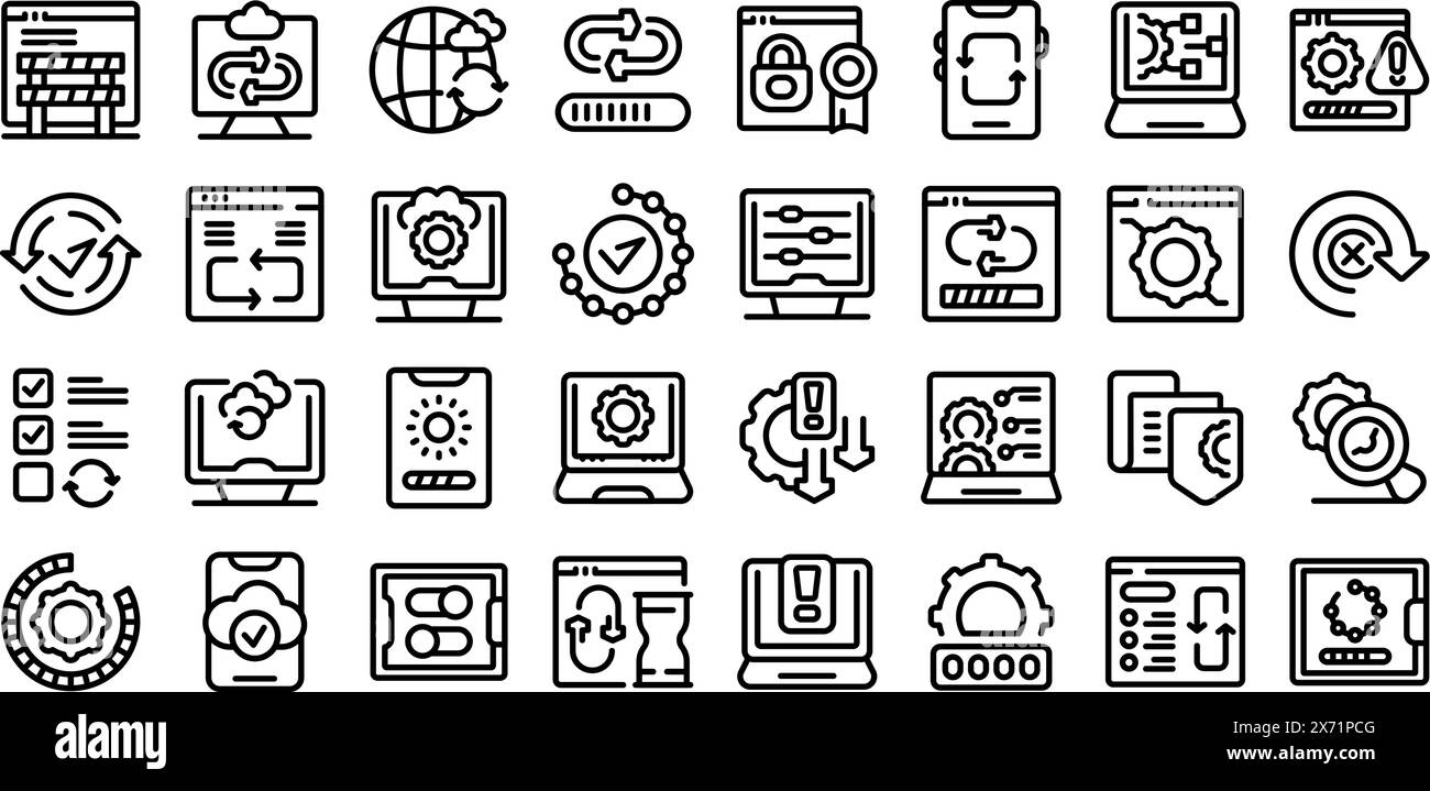 Update app software vector icon. A collection of icons for various computer programs and devices. The icons are all in black and white and are arranged in a grid Stock Vector