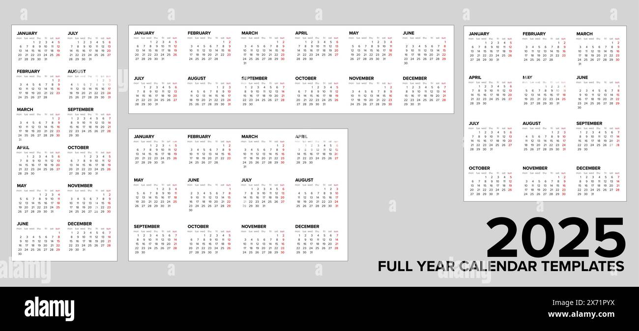 Four different layouts of full 2025 calendar templates ready to print