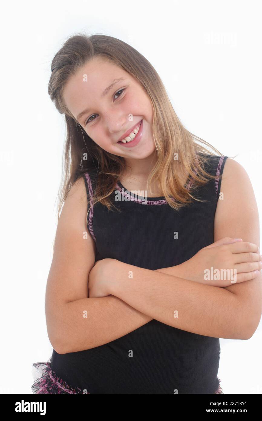 portrait of a cheerful preteen girl on white background Stock Photo - Alamy