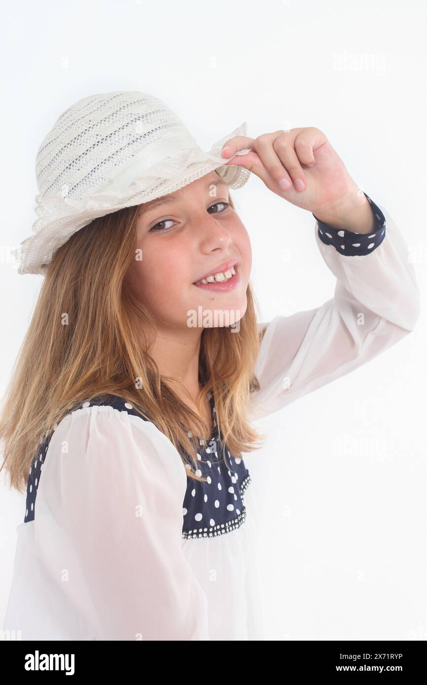 portrait of a cheerful preteen girl on white background Stock Photo - Alamy
