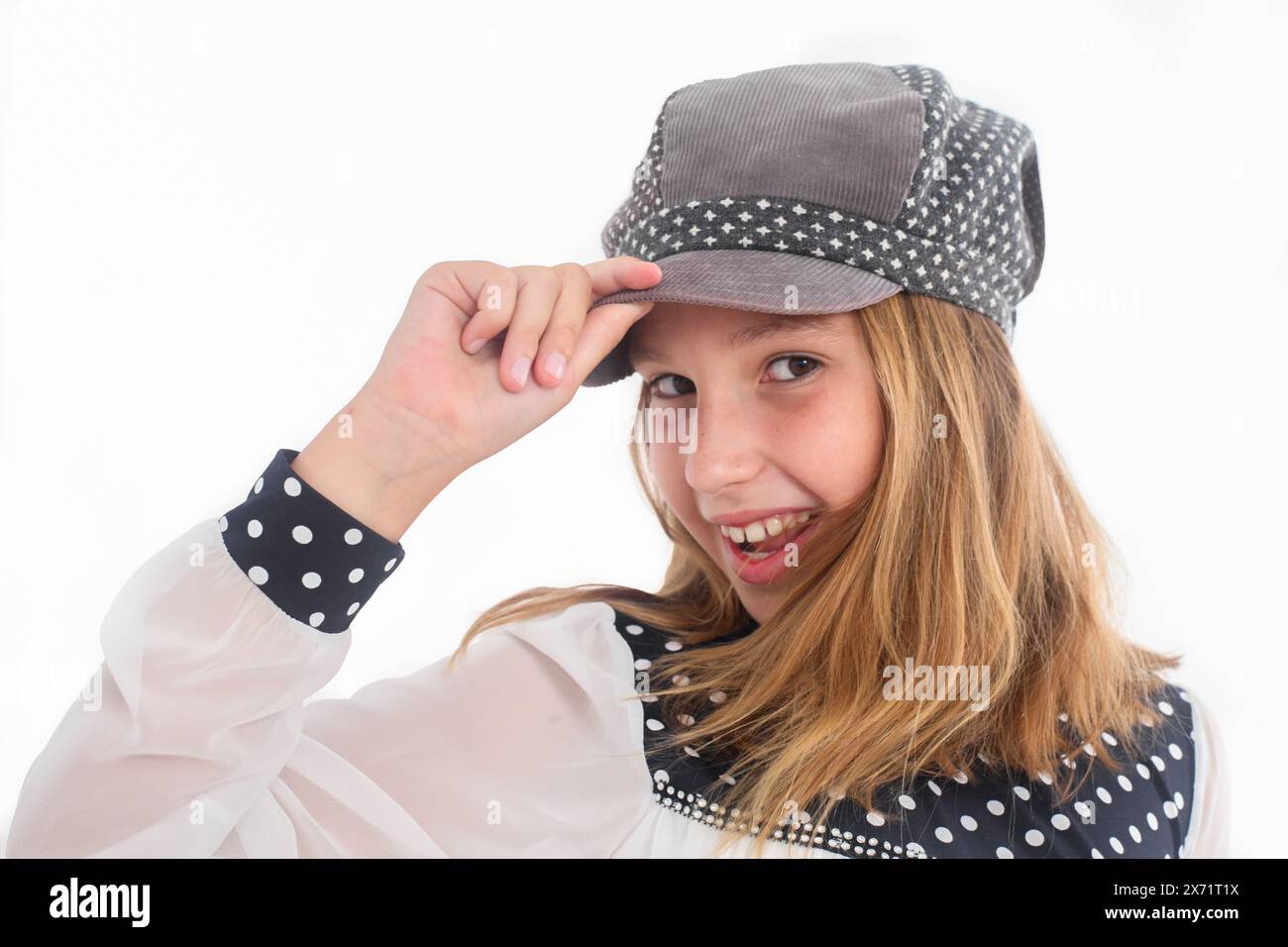 portrait of a cheerful preteen girl on white background Stock Photo - Alamy