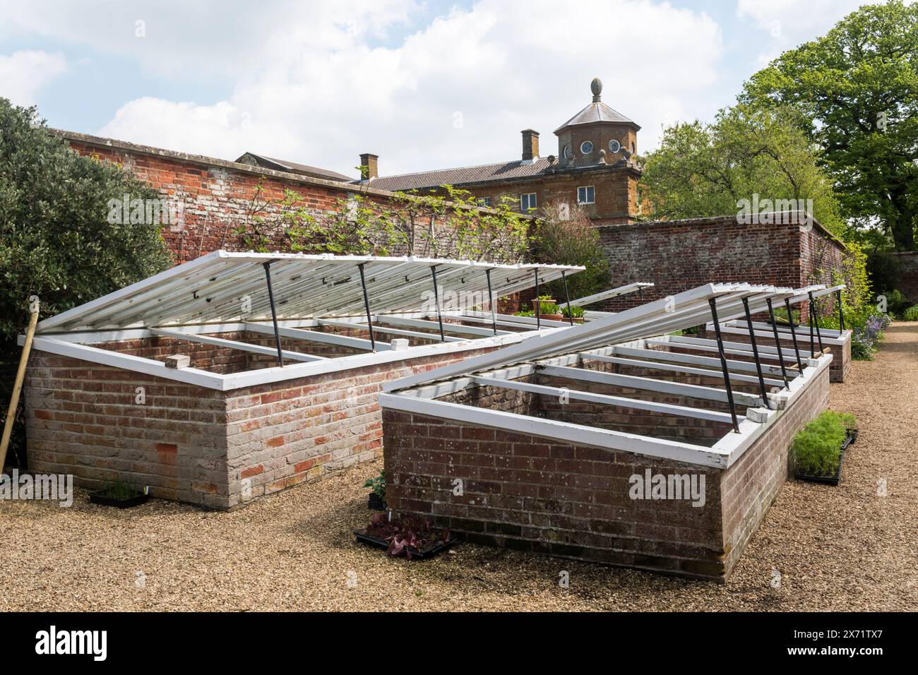Cold frames for growing and protecting young plants. At the gardens of Houghton Hall in Norfolk. Stock Photo