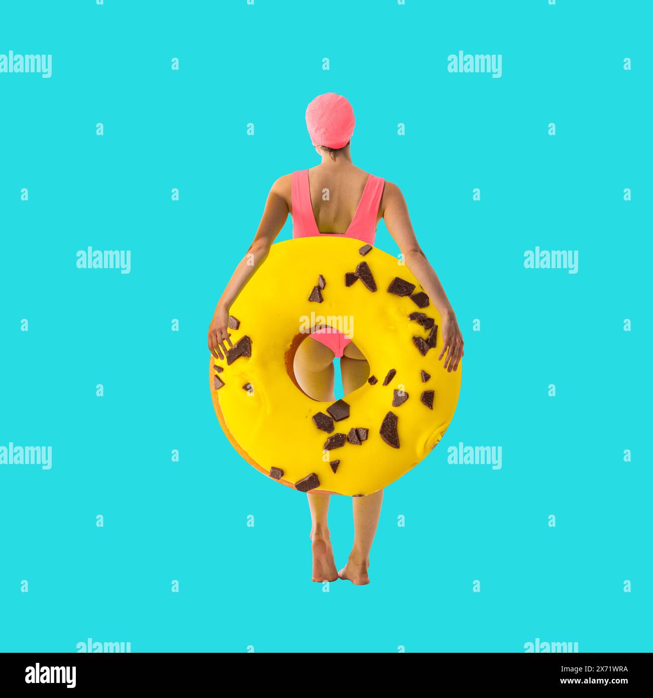 Back view of woman in swimming cap standing with giant donut with marshmallow decoration. Swimming hobby. Contemporary art collage. Stock Photo