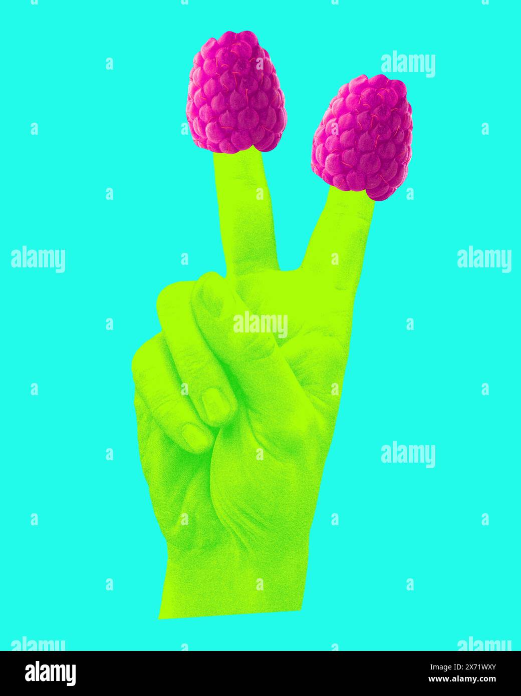 Peace Sign Raspberry Green hand making peace sign with two raspberries on its fingers ...