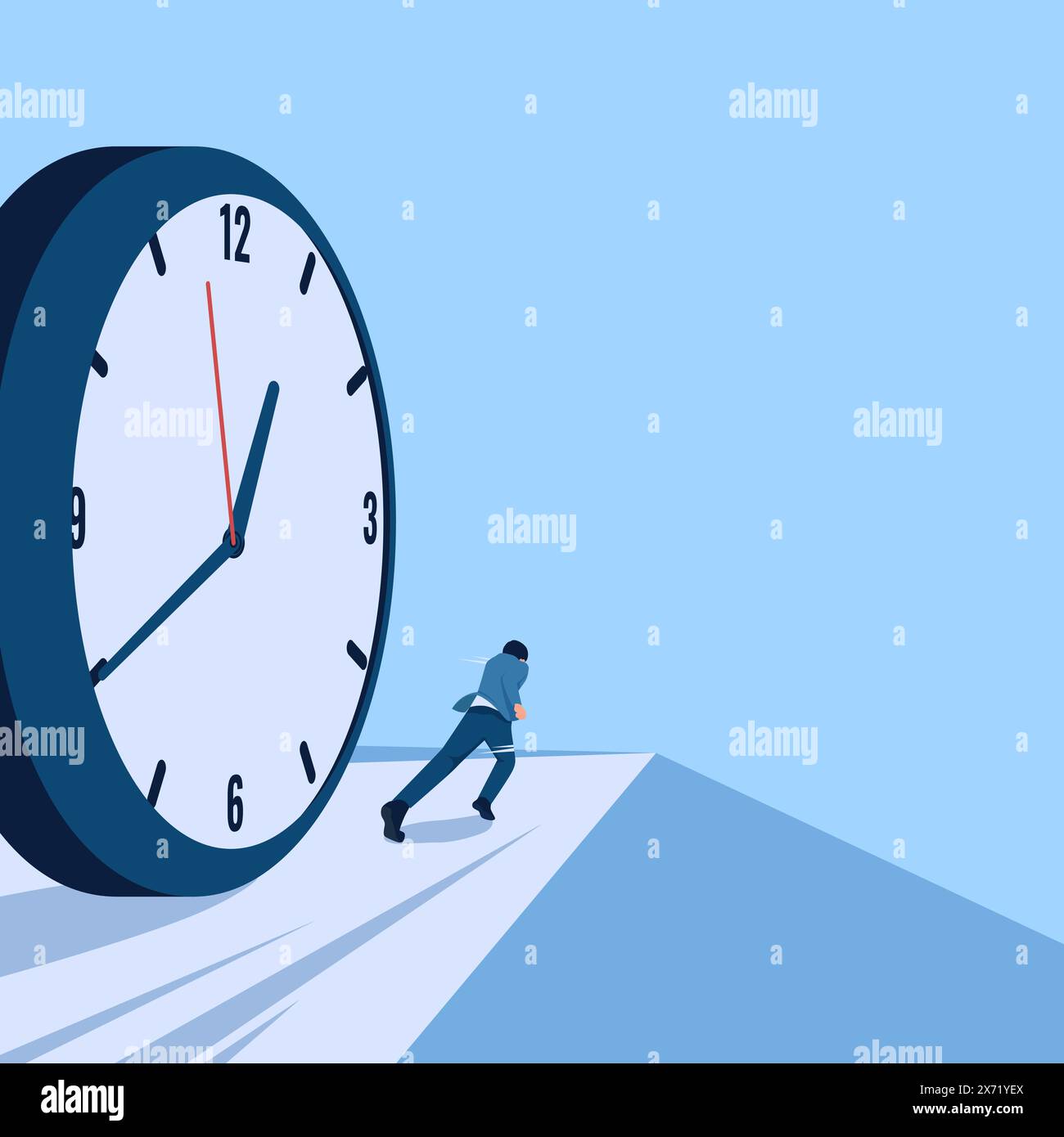 Men run ahead of a rolling clock, a metaphor for a race against time