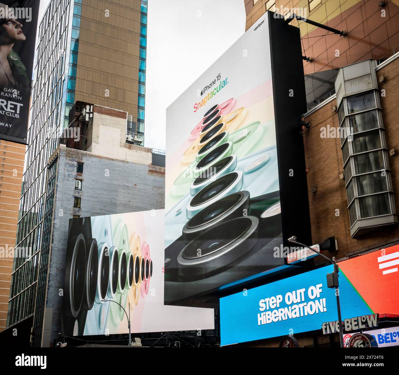 iPhone 15 advertising in Times Square in New York on Sunday, May 12, 2024. (© Richard B. Levine) Stock Photo