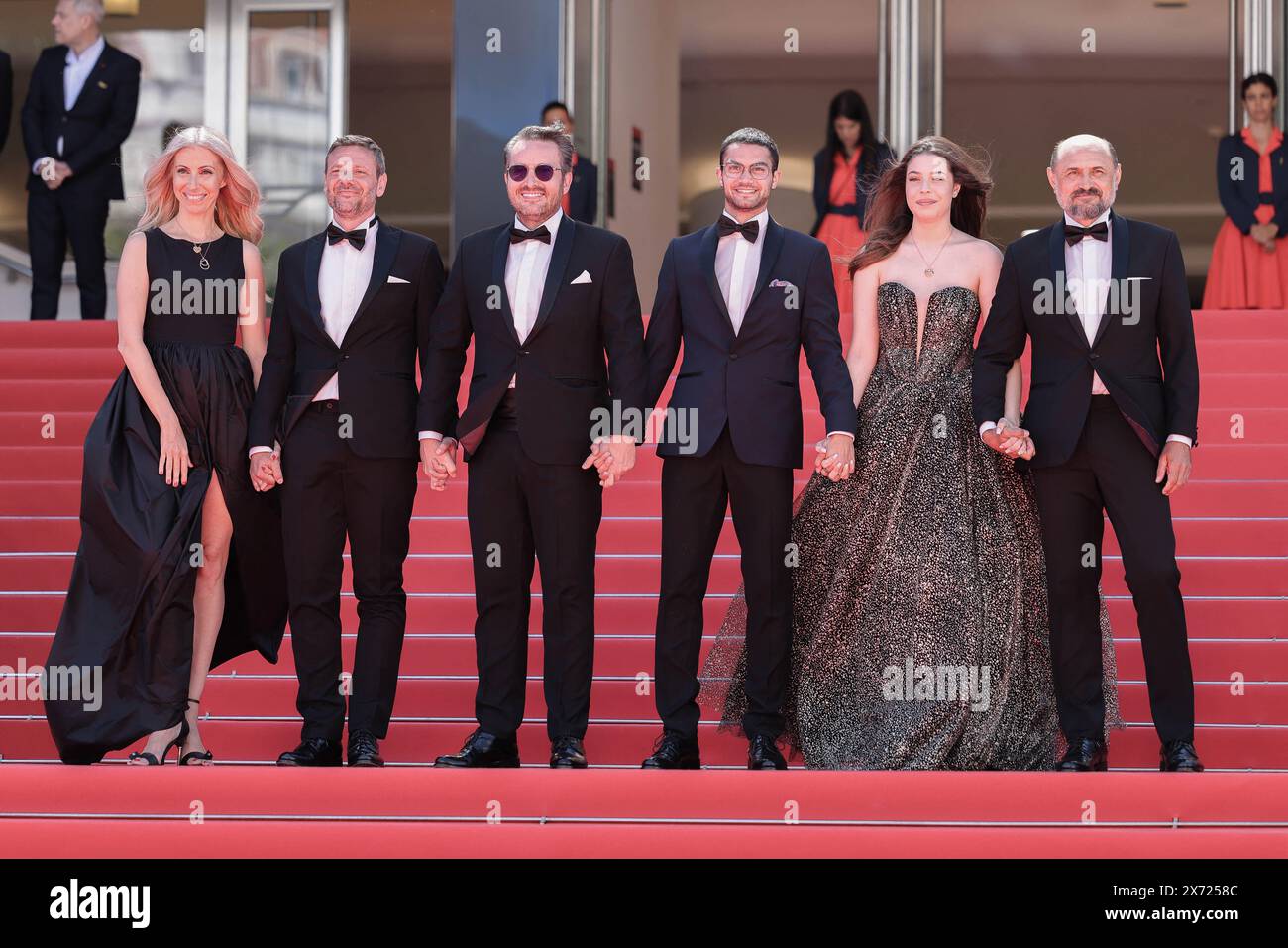 Cannes, France. 17th May, 2024. Valeriu Andriuta, guests, Emanuel Parvu, Bogdan Dumitrache and guest attending the 'Trei Kilometri Pana La Capatul Lumii' (Three Kilometres To The End Of The World) Red Carpet at the 77th annual Cannes Film Festival at Palais des Festivals on May 17, 2024 in Cannes, France. Photo by David Boyer/ABACAPRESS.COM Credit: Abaca Press/Alamy Live News Stock Photo