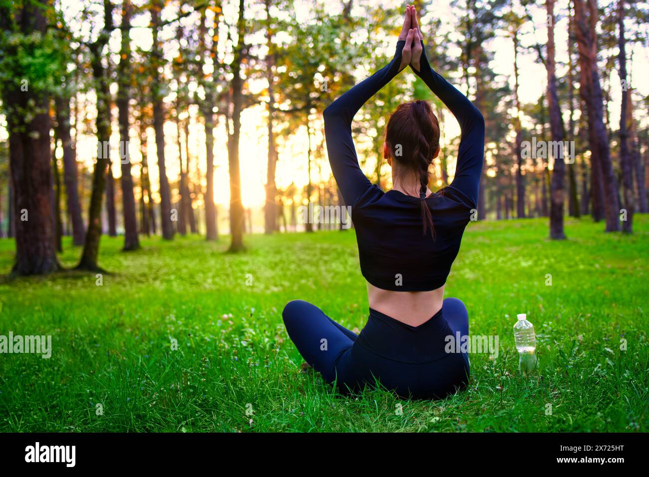 Slim beautiful woman in black tight fitting tracksuit sitting on grass in forest in yoga pose. Stock Photo