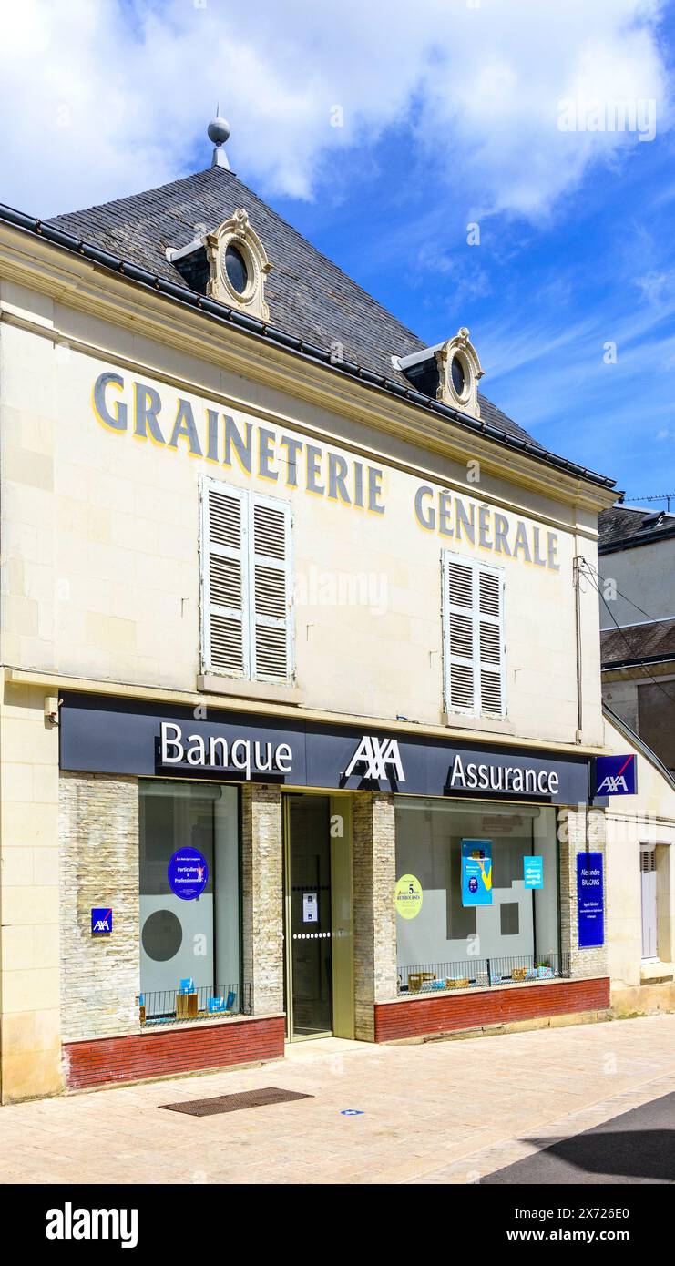 Facade of 'AXA' bank, assurance and insurance business / formerly grain merchant's store - Loches, Indre-et-Loire (37), France. Stock Photo