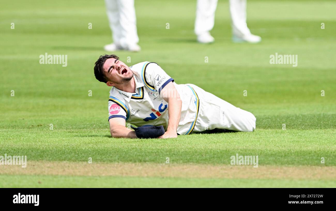 Hove UK 17th May 2024 -  Yorkshire's Jordan Thompson shows his frustration at missing a difficult catch during the first day of the Vitality County Championship League Two cricket match between Sussex and Yorkshire at the 1st Central County Ground in Hove : Credit Simon Dack /TPI/ Alamy Live News Stock Photo
