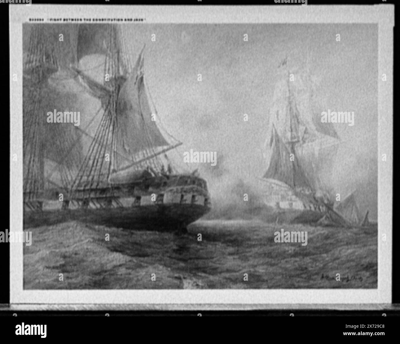 Fight between Constitution and Java, Date based on Detroit, Thistle Publications (1912)., Photograph of a painting signed 'William Steeple Davis.', Detroit Publishing Co. no. M 22694., Gift; State Historical Society of Colorado; 1949,  Constitution (Frigate) , Java (Frigate) , Naval warfare. , Warships, American. , Warships, British. , United States, History, War of 1812. Stock Photo