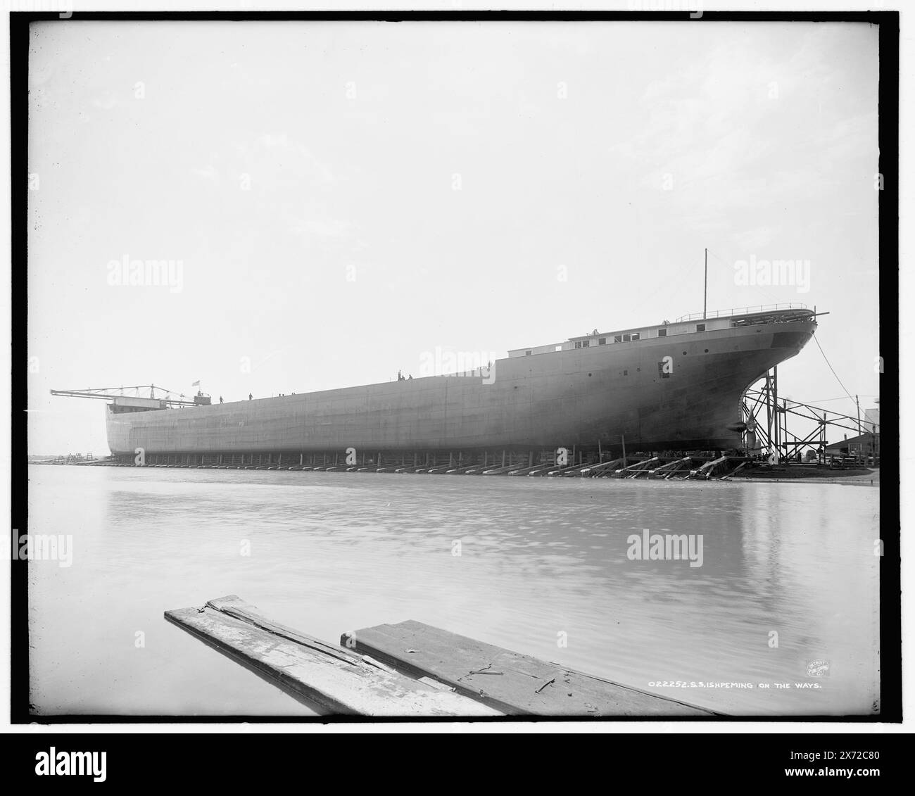 S.S. Ishpeming on the ways, Negative cracked across center., Detroit Publishing Co. no. 022252., Gift; State Historical Society of Colorado; 1949,  Ishpeming (Freighter) , Cargo ships. , Boat & ship industry. , United States, Michigan, Ecorse. Stock Photo