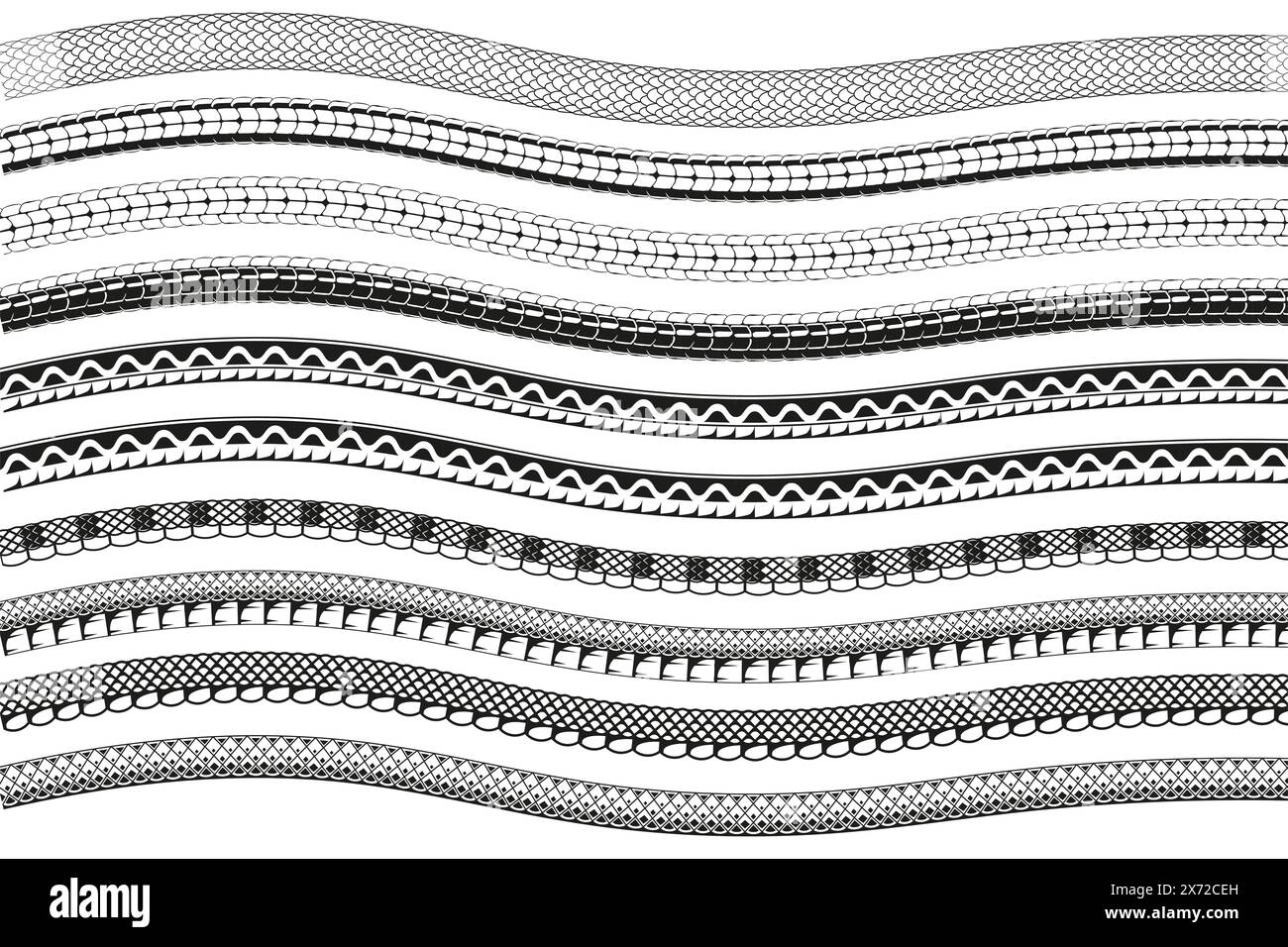 Snake skin texture set,symbol of the year 2025. Black linear style. Vector illustration  isolated white background. Stock Vector