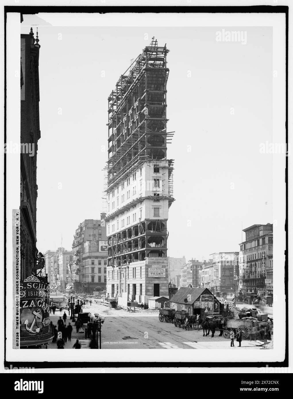 Times Building under construction, New York, N.Y., Detroit Publishing Co. no. 017238., Gift; State Historical Society of Colorado; 1949., Published in: 'Architecture , .' chapter of the ebook Great Photographs from the Library of Congress, 2013,  Newspaper industry. , Plazas. , Construction industry. , Office buildings. , United States, New York (State), New York. Stock Photo