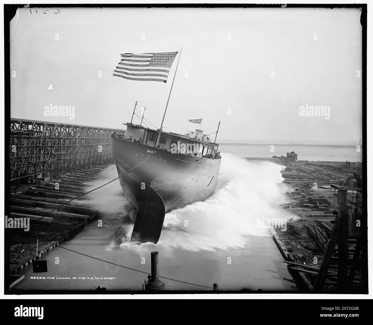 The Launch of the S.S. W.K. Bixby, 'G 211' on negative., Detroit Publishing Co. no. 022210., Gift; State Historical Society of Colorado; 1949,  W.K. Bixby (Freighter) , Cargo ships. , Launchings. , United States, Michigan, Wyandotte. Stock Photo