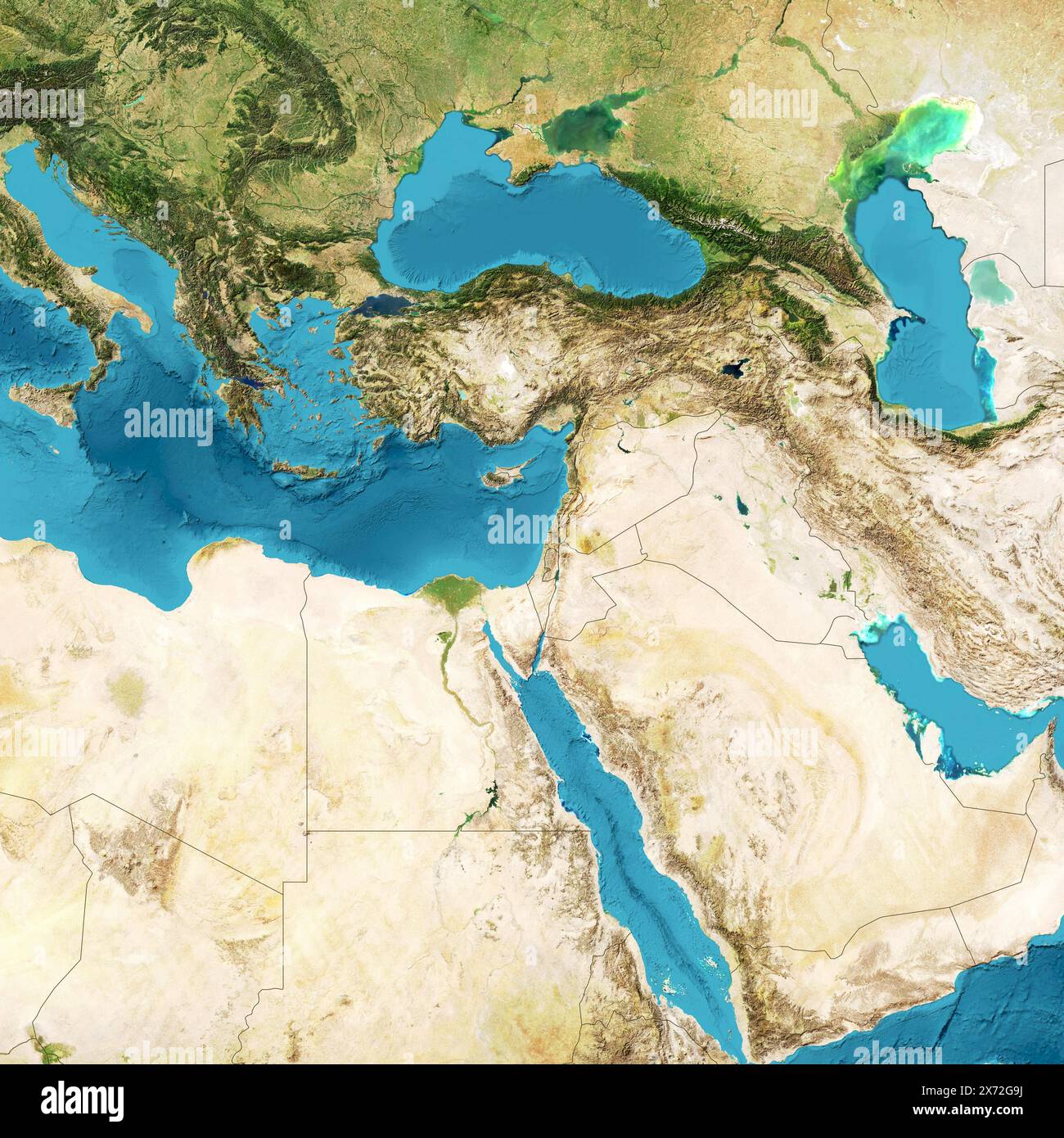 Physical map of the world, satellite view of the Middle East. Africa, Asia. Reliefs and oceans. Elements of this image are furnished by NASA Stock Photo