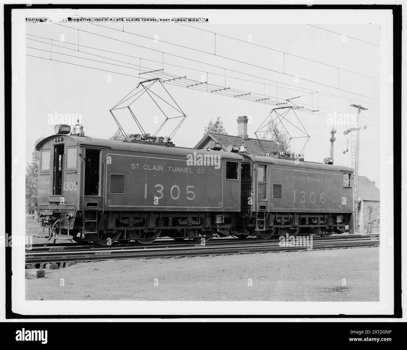 Engine, locomotive, 1500 h.p., Ste. Claire i.e. St. Clair tunnel, Port Huron, Mich., Detroit Publishing Co. no. 071418., Gift; State Historical Society of Colorado; 1949,  Railroad locomotives. , United States, Michigan, Port Huron. Stock Photo