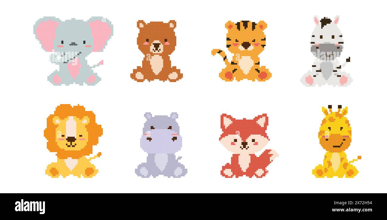 Savanna Animals pixel art set. Safari wildlife collection. 8 bit. Game development, mobile app. Isolated vector illustration. Stock Vector