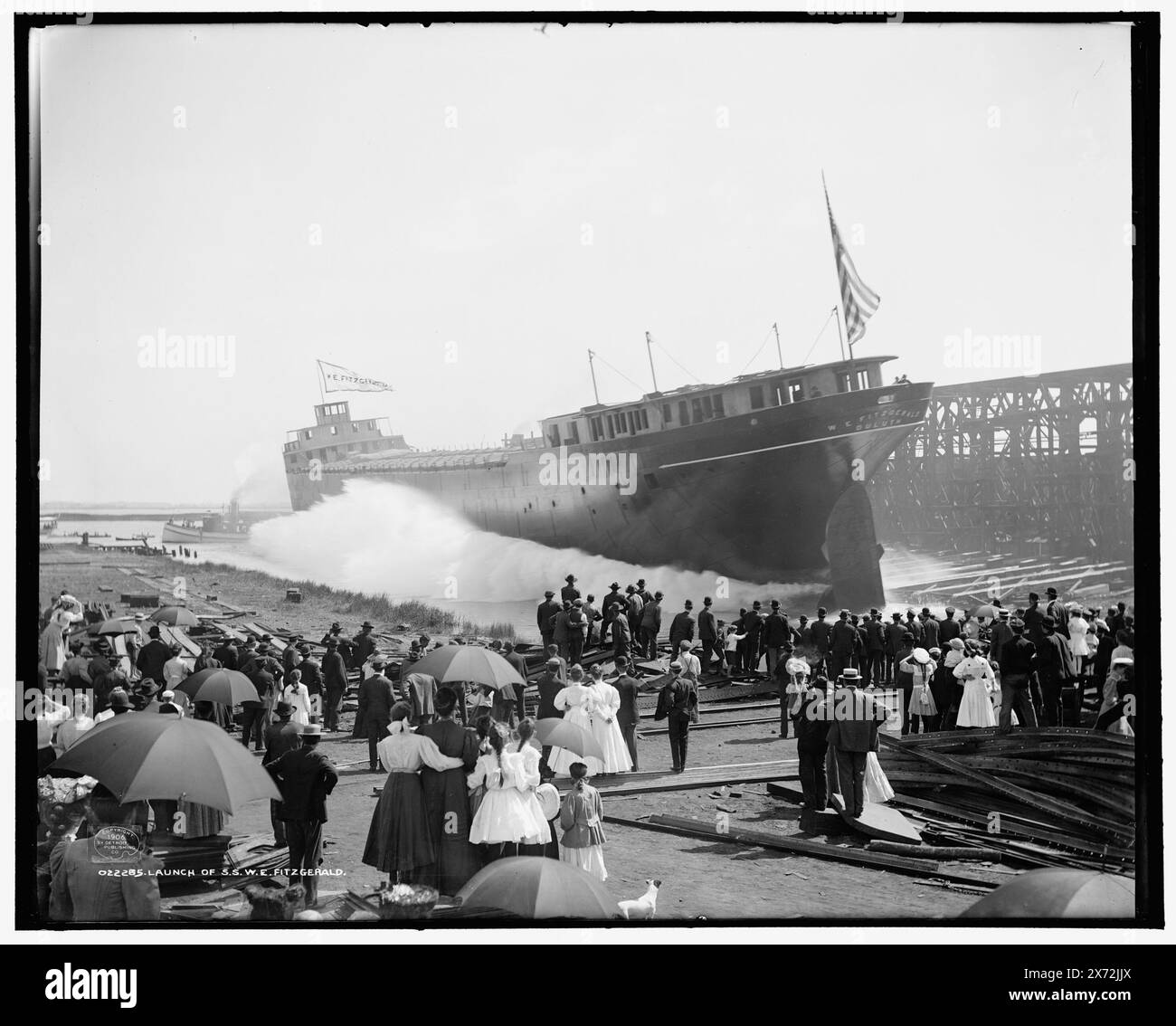 Launch of S.S. W.E. Fitzgerald, Detroit Publishing Co. no. 022285., Gift; State Historical Society of Colorado; 1949., Published in: 'Architecture , .' chapter of the ebook Great Photographs from the Library of Congress, 2013,  W.E. Fitzgerald (Freighter) , Cargo ships. , Launchings. , Crowds. , United States, Michigan, Wyandotte. Stock Photo
