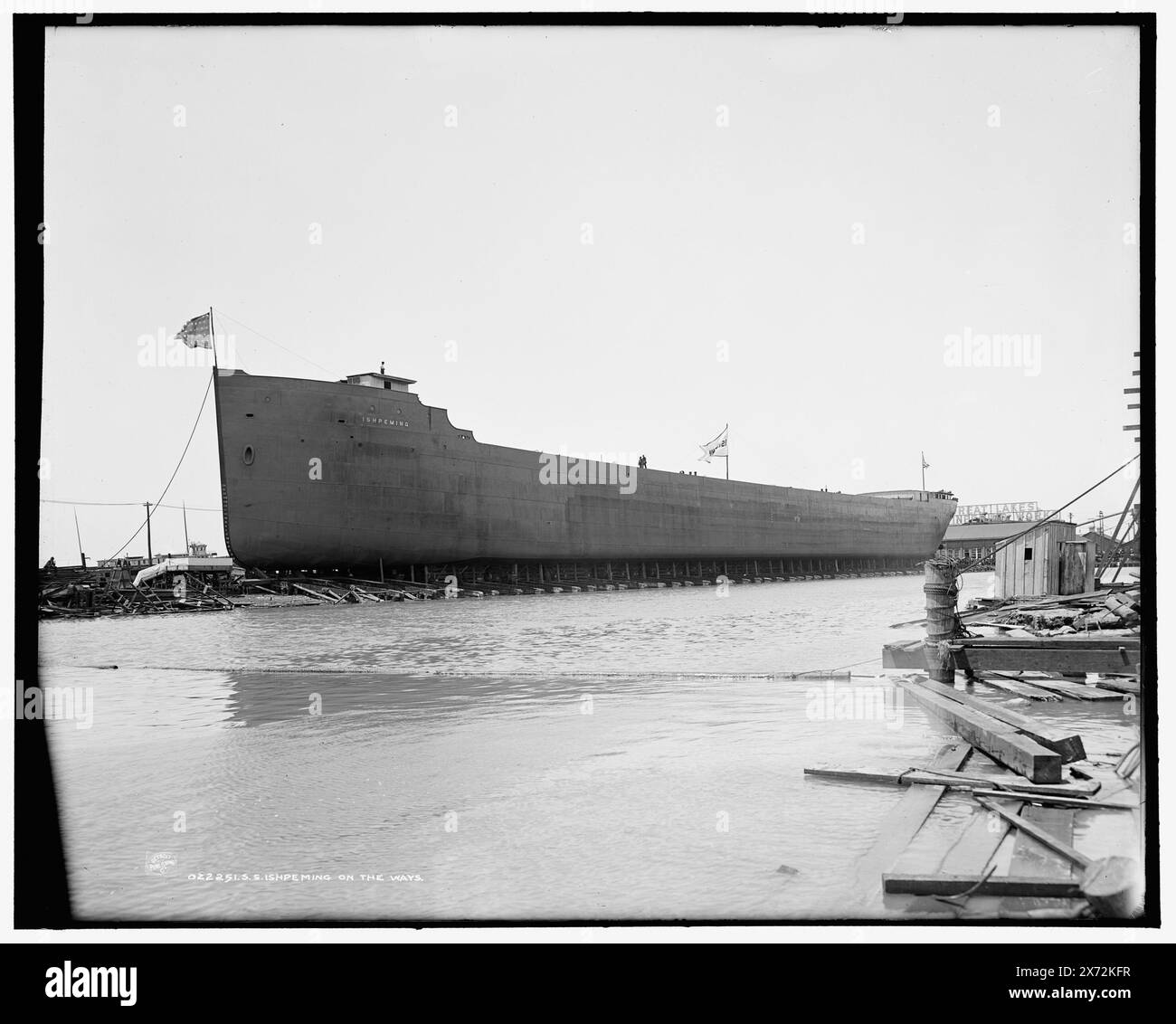 S.S. Ishpeming on the ways, Detroit Publishing Co. no. 022251., Gift; State Historical Society of Colorado; 1949,  Ishpeming (Freighter) , Cargo ships. , Boat & ship industry. , United States, Michigan, Ecorse. Stock Photo