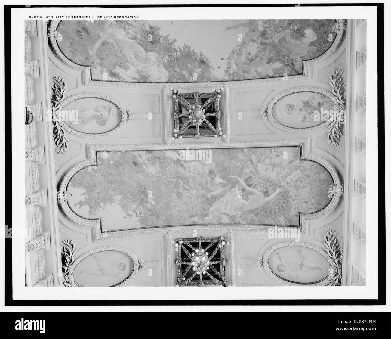 Str. City of Detroit III, ceiling decoration, 'McC 603' on negative., Detroit Publishing Co. no. 022713., Gift; State Historical Society of Colorado; 1949,  City of Detroit III (Steamboat) , Steamboats. , Ceilings. , Paintings. Stock Photo