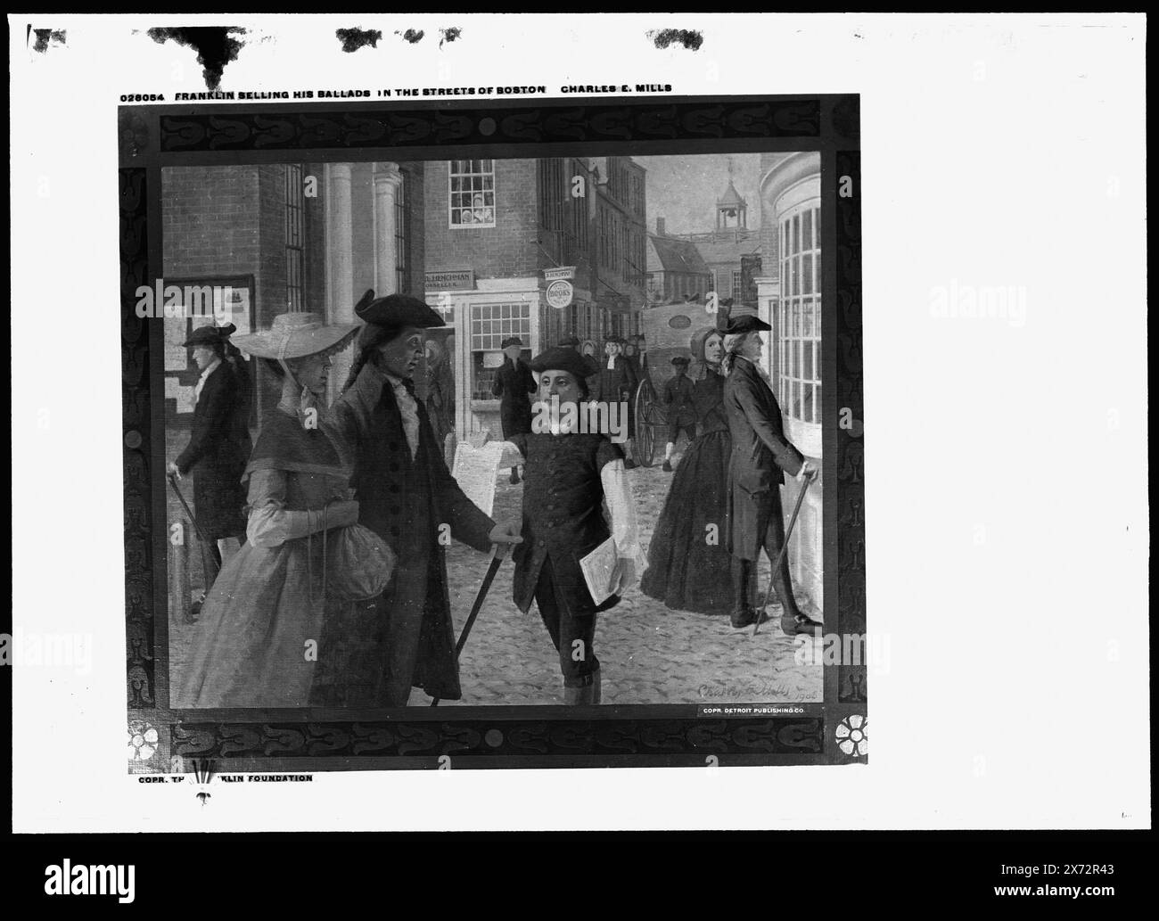 Franklin selling his ballads in the streets of Boston, Negative cracked from lower right., Photograph of a painting copyrighted by the Franklin Foundation., Detroit Publishing Co. no. M 28054., Gift; State Historical Society of Colorado; 1949,  Franklin, Benjamin,, 1706-1790. , Ballads. , Peddlers. , City & town life. , United States, Massachusetts, Boston. Stock Photo