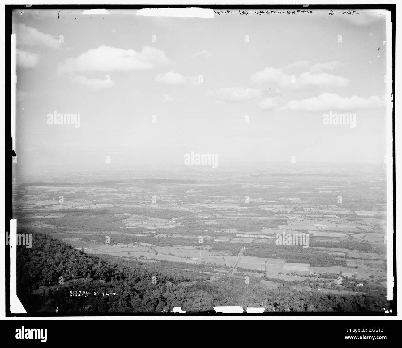 Catskill Mountain House and Hudson River Valley, Catskill Mountains, N.Y., Videodisc images out of sequence; actual left to right order is 1A-06381, 09603, 06380, 06379, 06378., '303-G' on left negative; '304-G' on left center negative; '305-G' on center negative; '300-G' on right negative., Right and right center negatives broken and taped to second sheet of glass; center negative cracked at top., Detroit Publishing Co. nos. 010645 and 014488., Gift; State Historical Society of Colorado; 1949,  Catskill Mountain House. , Hotels. , Flags, American. , Mountains. , Valleys. , United States, New Stock Photo