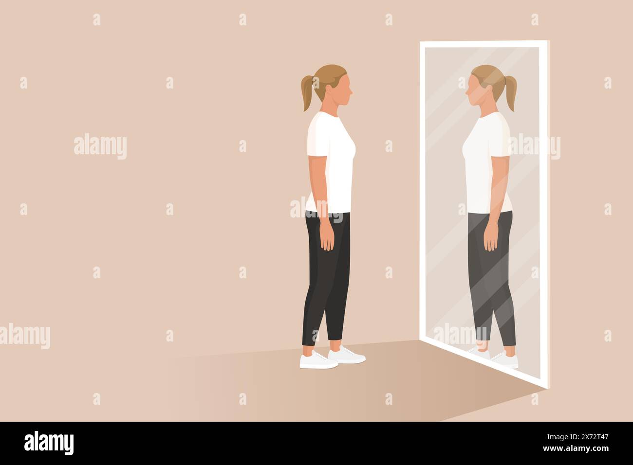 Young woman looking at herself in the mirror: identity and self-awareness concept Stock Vector