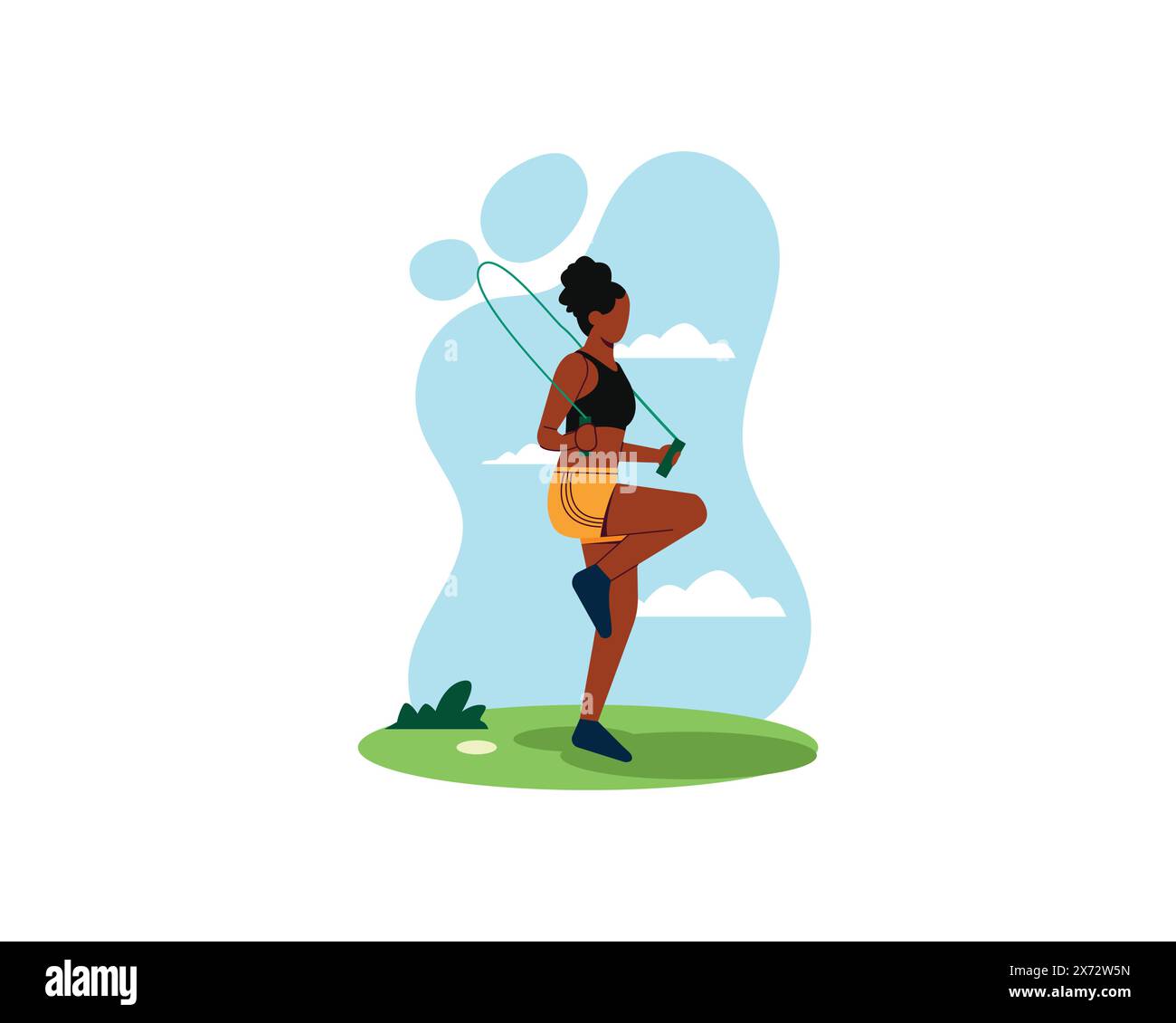Young woman exercising a jumping rope in the park in the morning. sport and recreation illustration. Health life in flat style design. Stock Vector