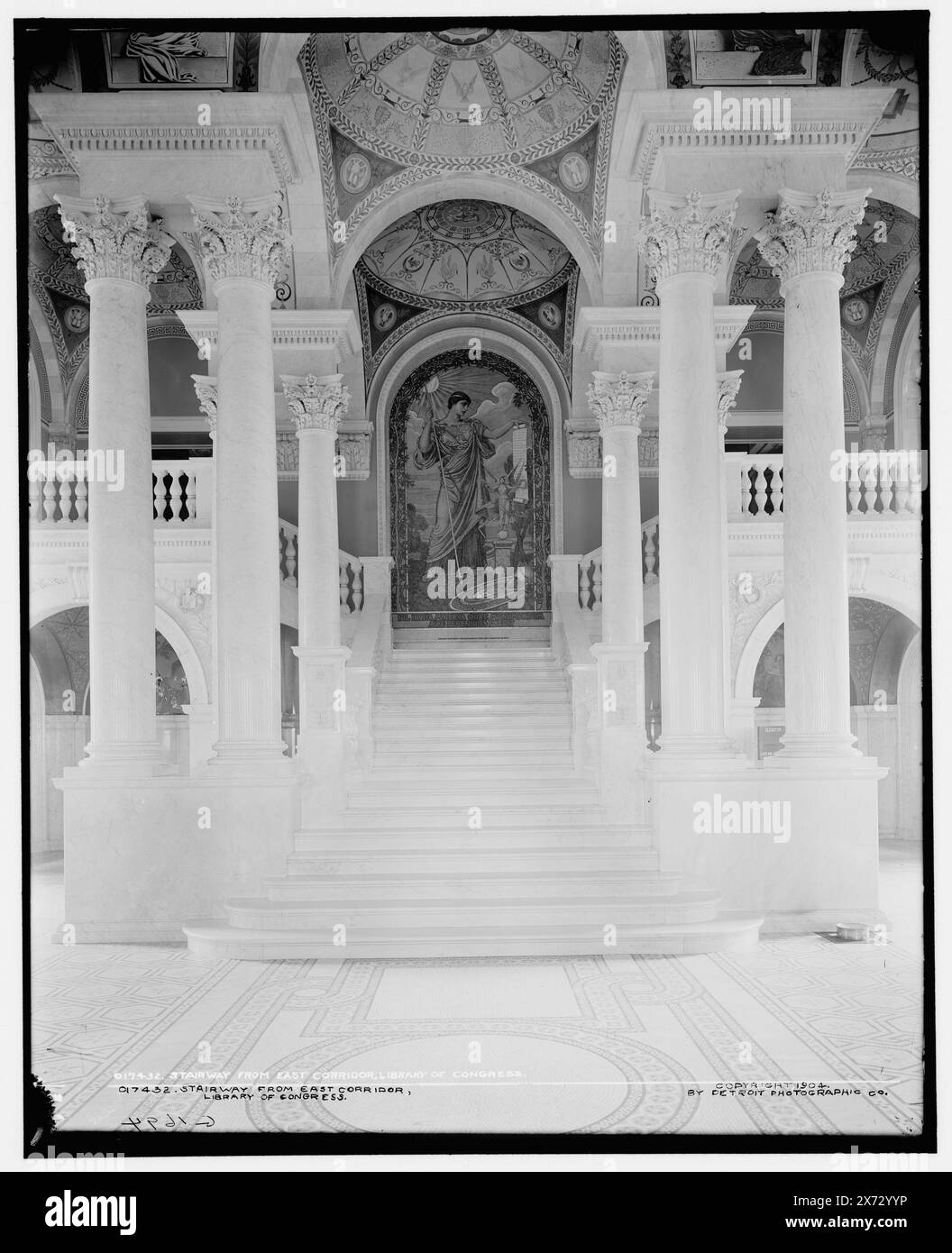 Stairway from east corridor, Library of Congress, 'G 1694' on negative., Detroit Publishing Co. no. 017432., Gift; State Historical Society of Colorado; 1949,  Library of Congress Thomas Jefferson Building (Washington, D.C.) , Libraries. , Interiors. , Stairways. , United States, District of Columbia, Washington (D.C.) Stock Photo