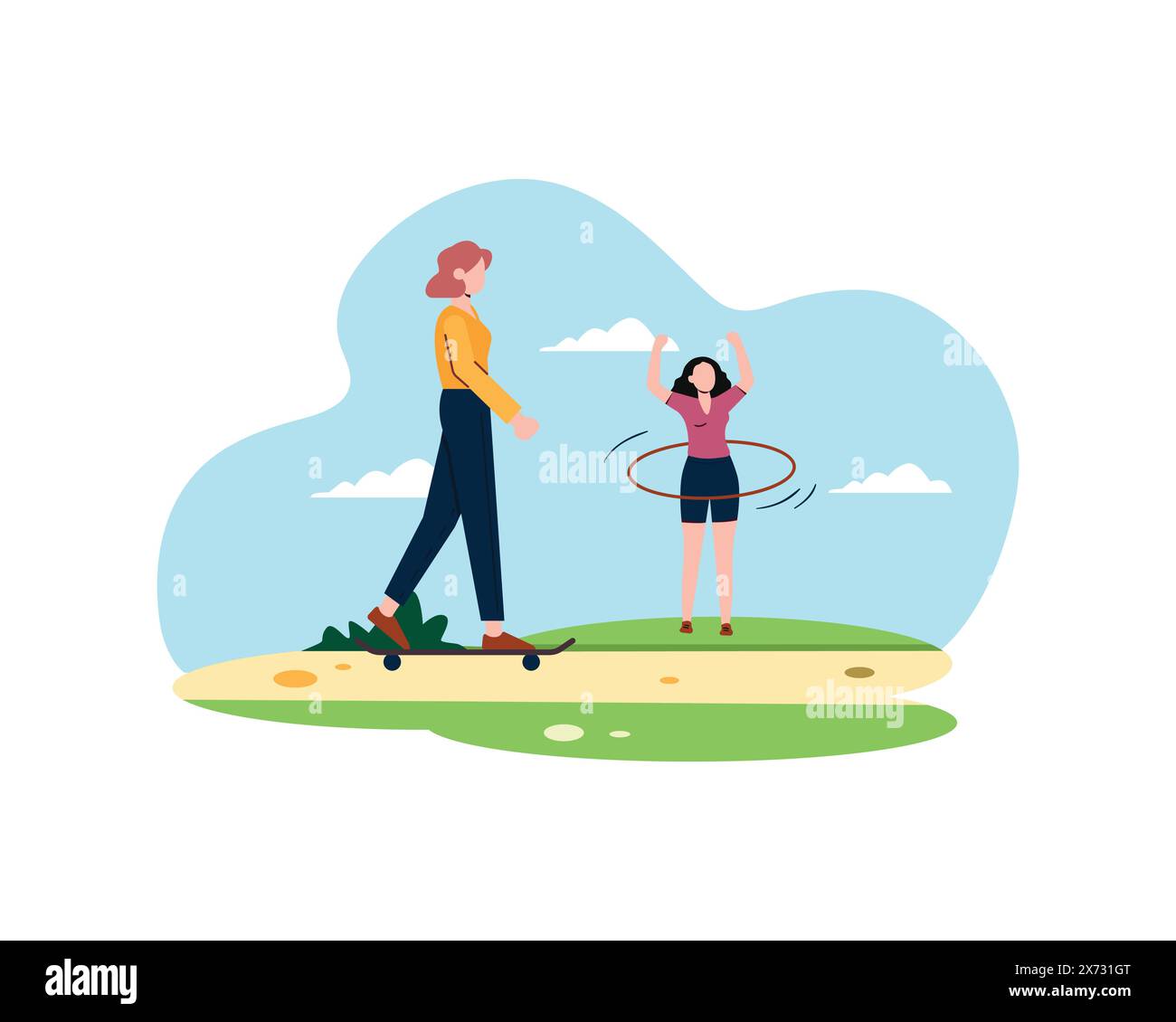 Two young women are exercising, one playing hula hoops, the other playing skate boards. sport and recreation concept. Healthy lifestyle illustration i Stock Vector