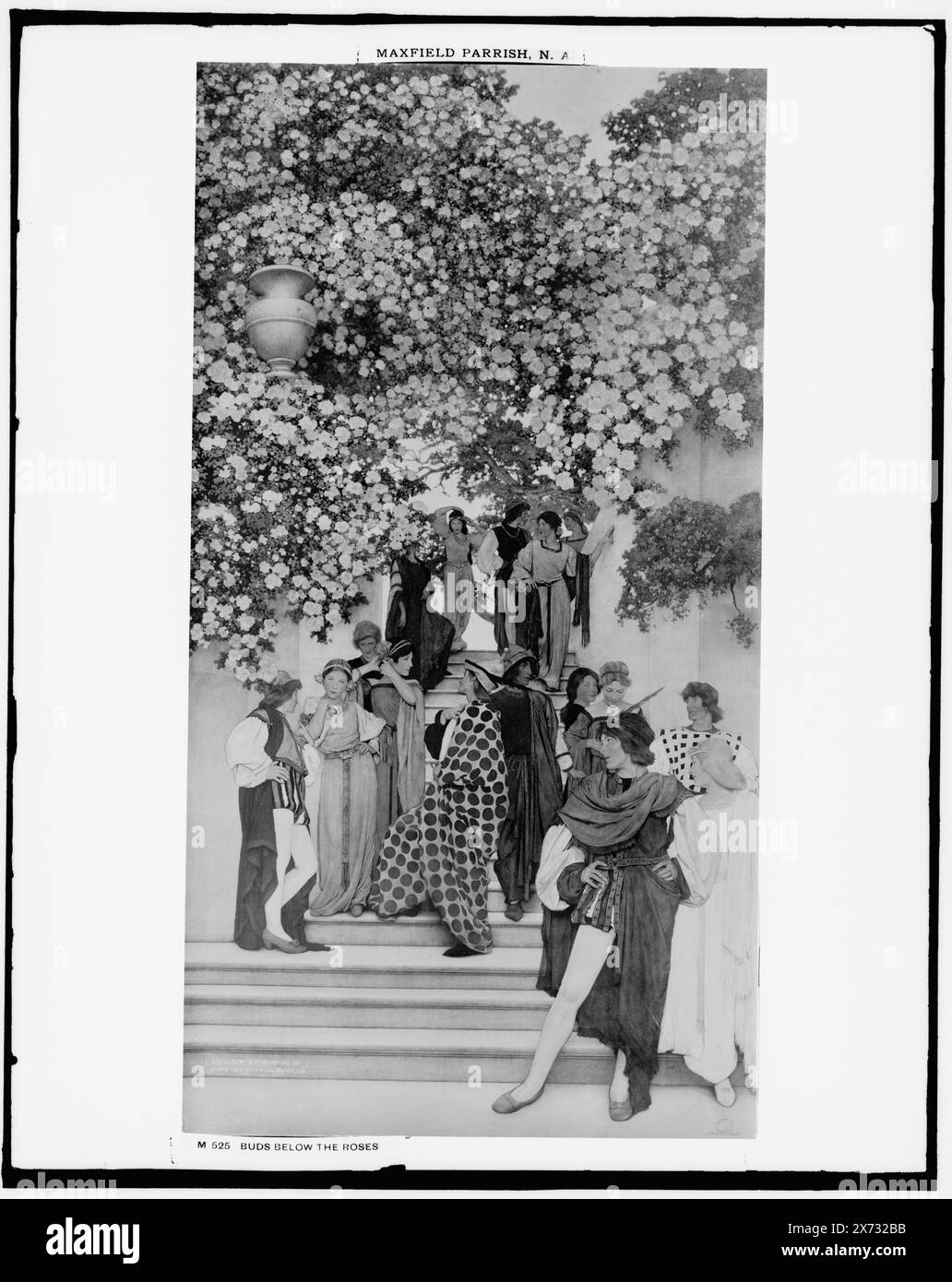 Buds below the roses, Photograph of a mural signed 'Maxfield Parrish' at the Curtis Publishing Company building, Philadelphia, Pa., Detroit Publishing Co. no. M 525., Gift; State Historical Society of Colorado; 1949,  Roses. , Stairways. , Men. , Women. , Murals. Stock Photo