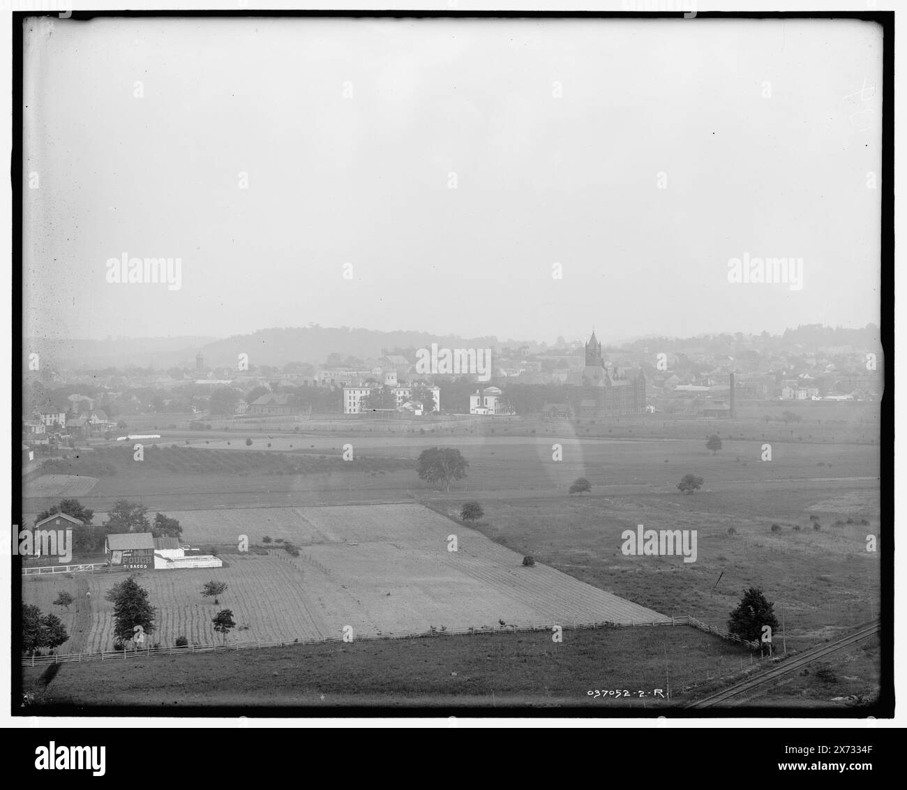 General view from Oak Hill, Gettysburg, Penna., Title from jacket., View down Chambersburg Pike with Gettysburg College at right., Videodisc images are out of sequence; actual left to right order is 1A-19024, 19023., '133' on left negative; '134' on right negative., Detroit Publishing Co. no. 037052., Gift; State Historical Society of Colorado; 1949,  Farms. , Battlefields. , Gettysburg, Battle of, Gettysburg, Pa., 1863. , United States, Pennsylvania, Gettysburg. Stock Photo