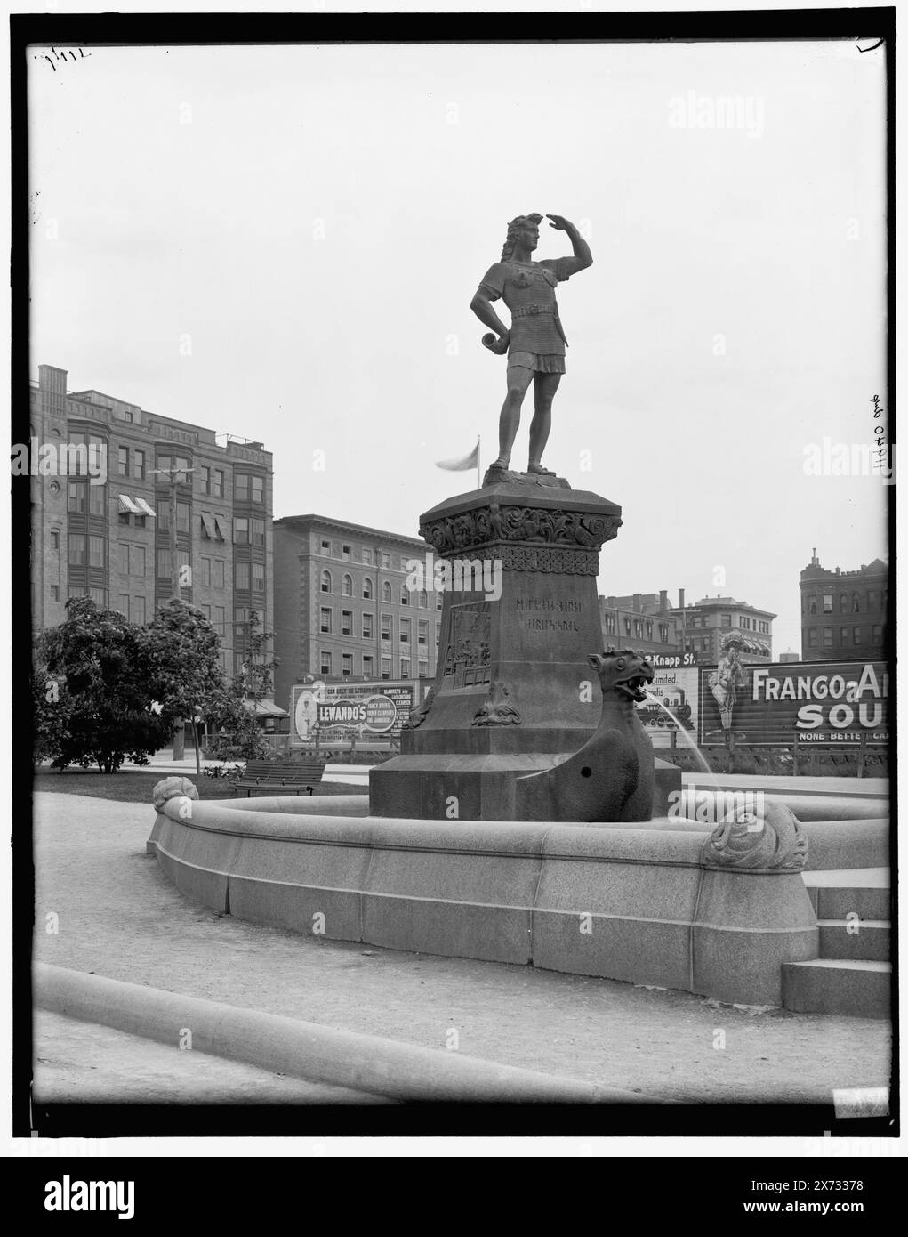 Leif Ericsson Statue, Boston, Mass., Title and date from Detroit, Catalogue J (1901)., '64' and 'dup' on negative., Detroit Publishing Co. no. 011940., Gift; State Historical Society of Colorado; 1949,  Leiv Eiriksson,, d. ca. 1020. , Sculpture. , Fountains. , United States, Massachusetts, Boston. Stock Photo