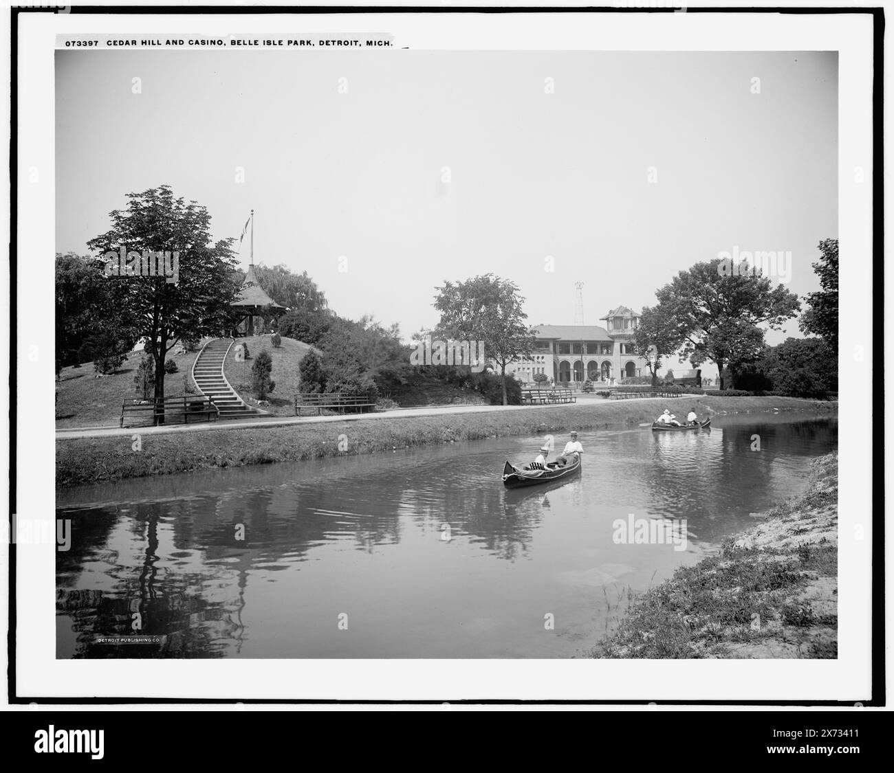 Cedar Hill and casino, Belle Isle Park, Detroit, Mich., Detroit Publishing Co. no. 073397., Gift; State Historical Society of Colorado; 1949,  Parks. , Casinos. , Rivers. , United States, Michigan, Detroit. Stock Photo