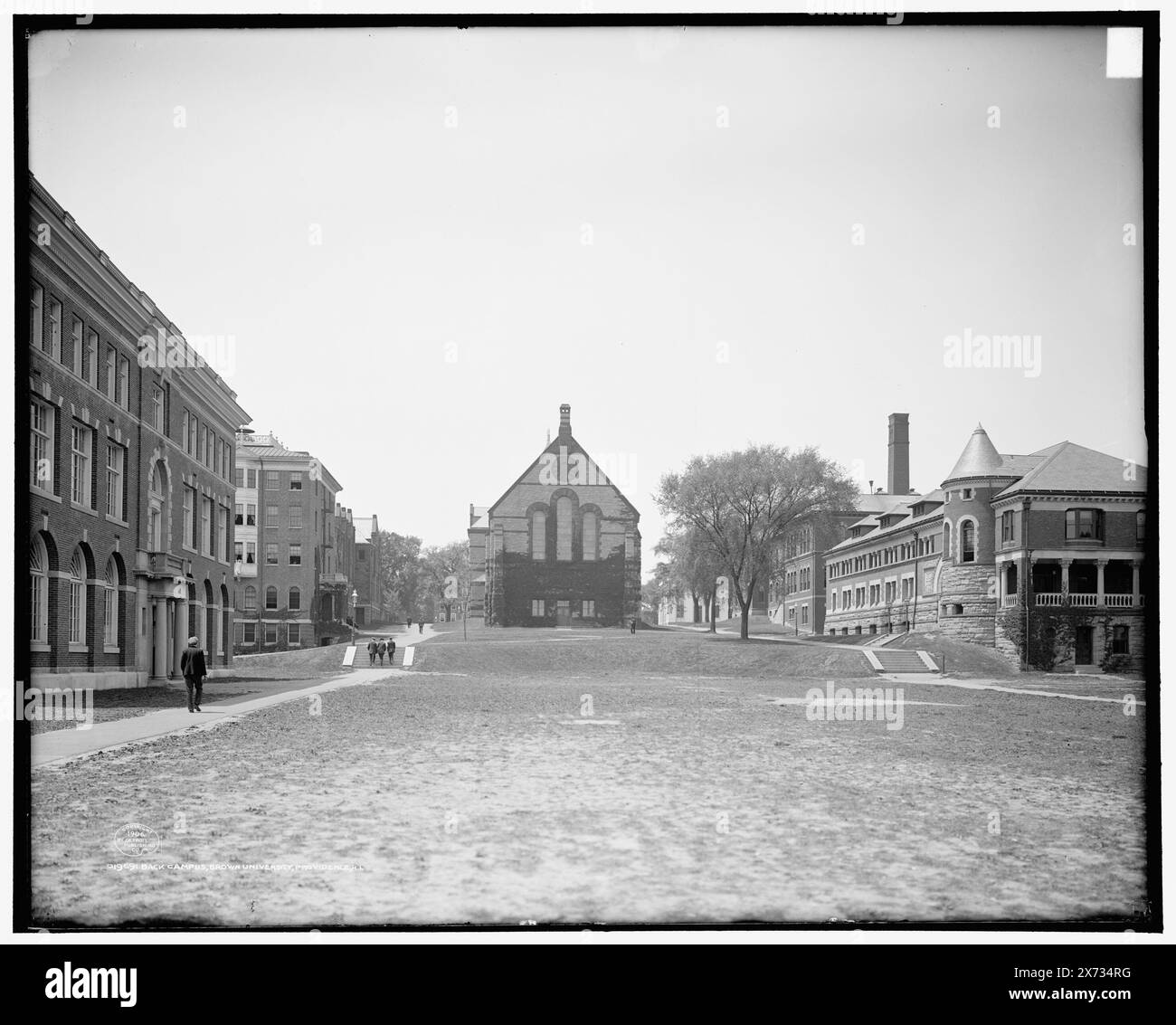 Back campus, Brown University, Providence, R.I., '3236' on negative., Detroit Publishing Co. no. 019691., Gift; State Historical Society of Colorado; 1949,  Universities & colleges. , Educational facilities. , Churches. , United States, Rhode Island, Providence. Stock Photo