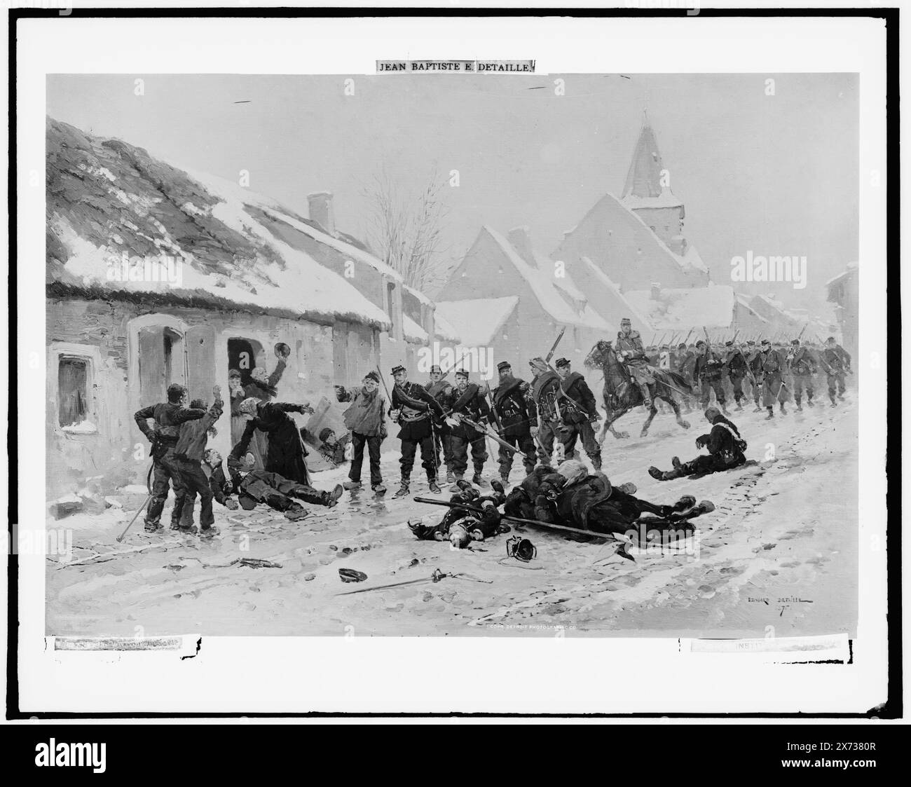 The reconnaissance, Date based on Detroit, Thistle Publications (1912)., Possibly the Franco-German War., Photograph of a painting signed 'Edouard Detaille, 1875' at the Art Institute of Chicago., Detroit Publishing Co. no. M 538., Gift; State Historical Society of Colorado; 1949,  Soldiers. , Winter. , Streets. , Military reconnaissance. Stock Photo