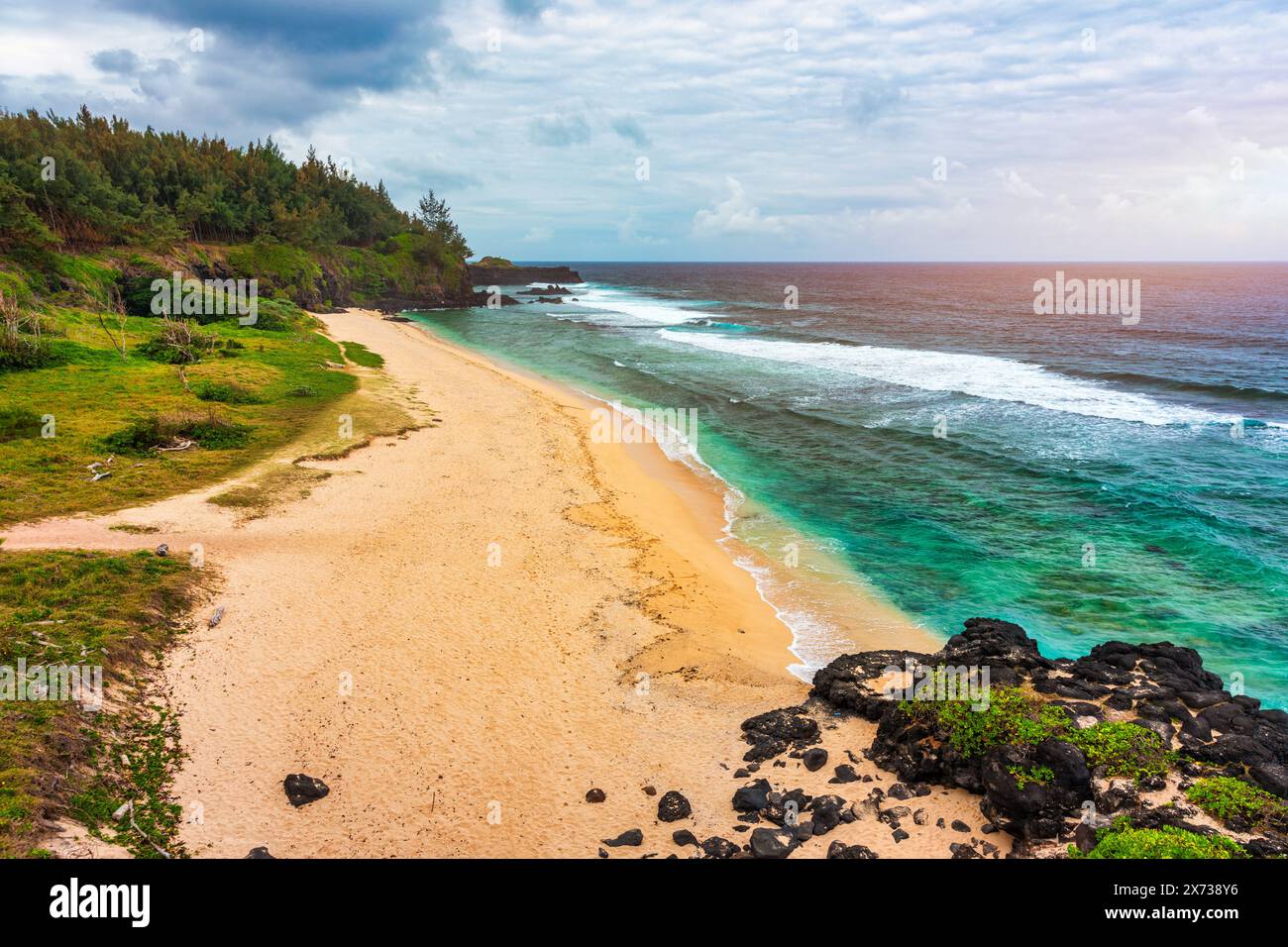 Spectacular Gris Gris Beach, in southern Mauritius. Here, is the strong waves of the Indian Ocean crashing towards the cliffs. the swimming is prohibi Stock Photo